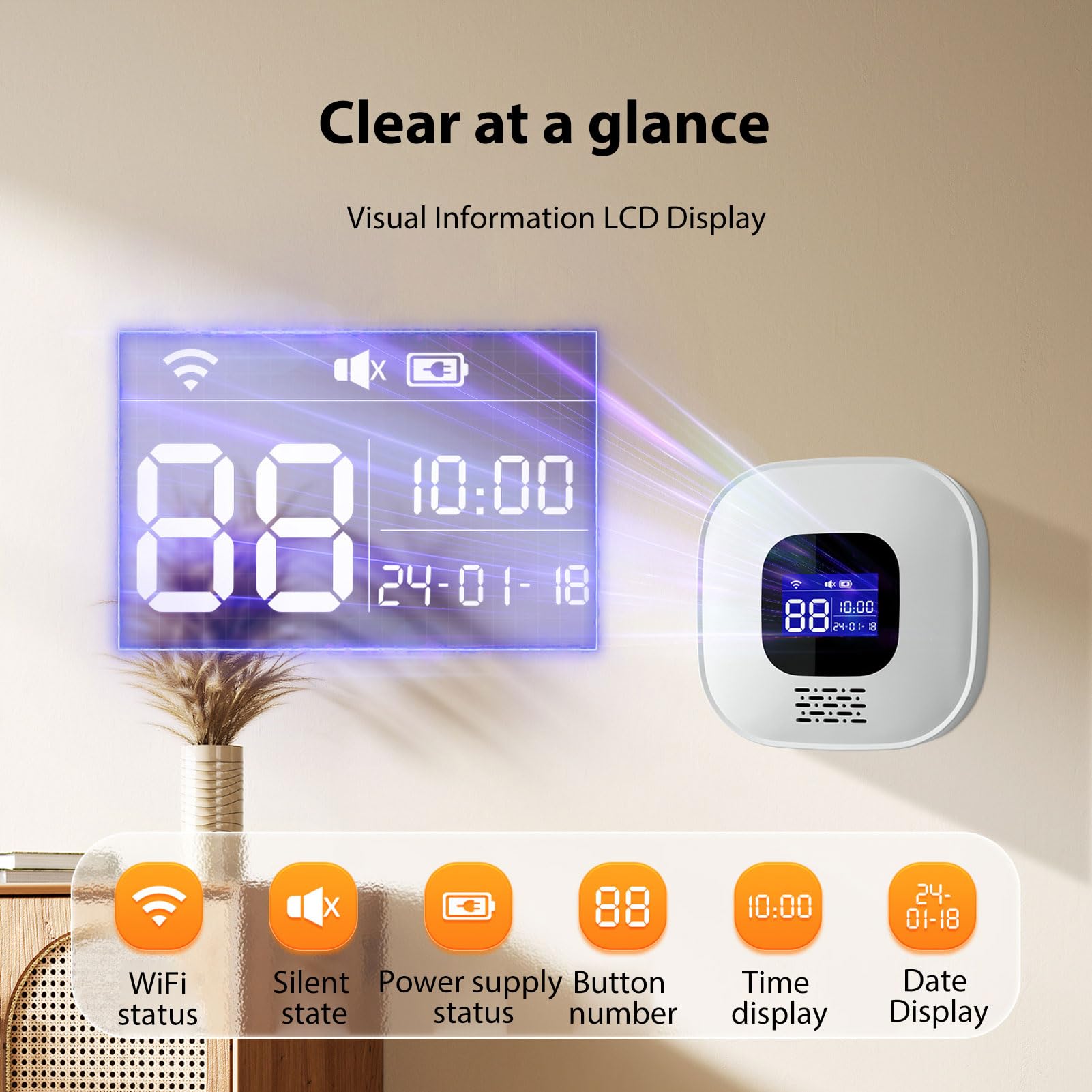 Denash Dispositif D'appel Multi-Fonction WiFi avec Système D'alarme SOS, Pager de Télévision âgée 2 Boutons D'appel 100 Pieds, écran LCD Hospital Infirmière Urgence