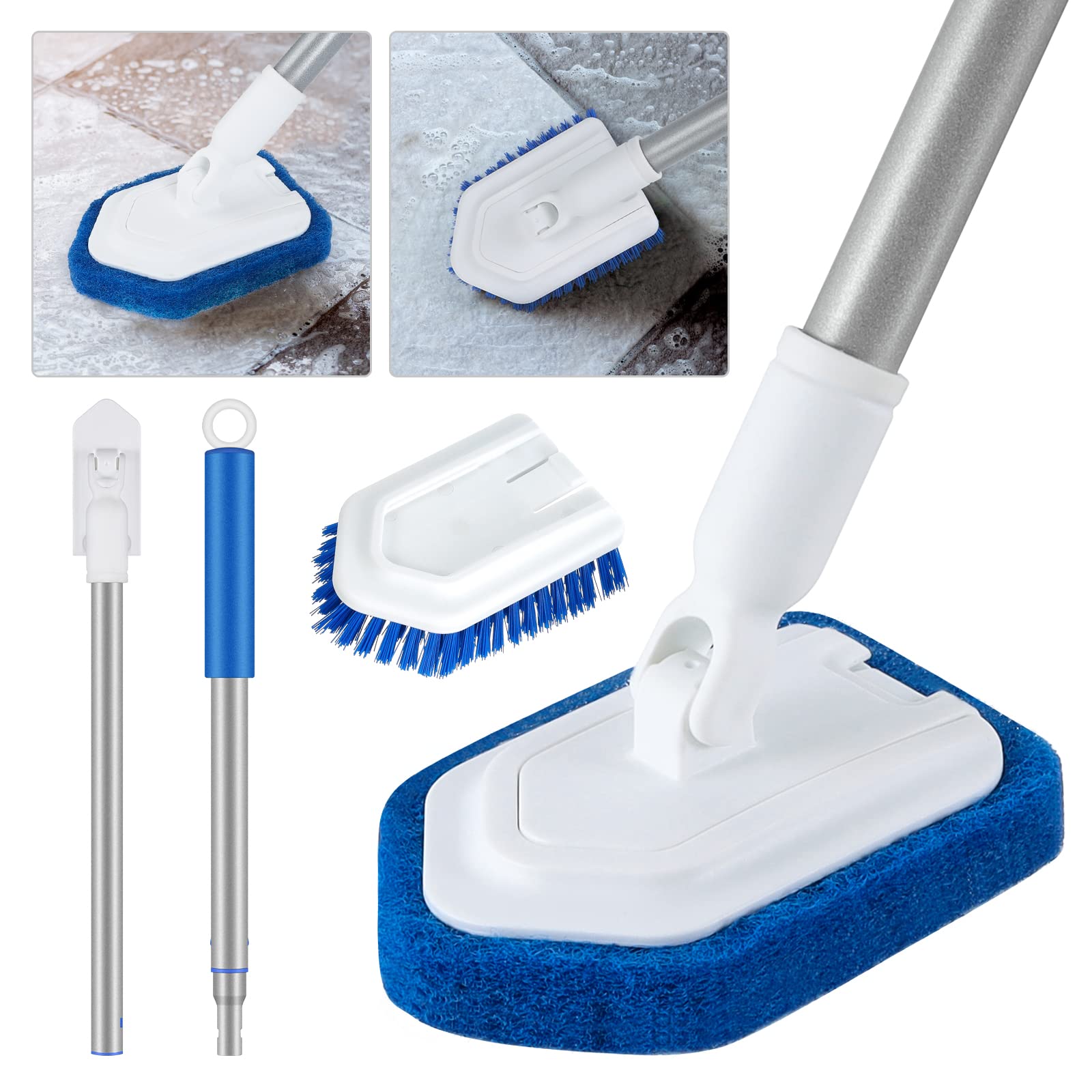 Shower Scrubber Cleaning Brush with Telescopic Long Handle, Wihxd 2-in-1 Tub and Tile Scrubber Brush with Replaceable Sponge Scrub Brush for Cleaning Bathroom Shower Bathtub Floor Tile