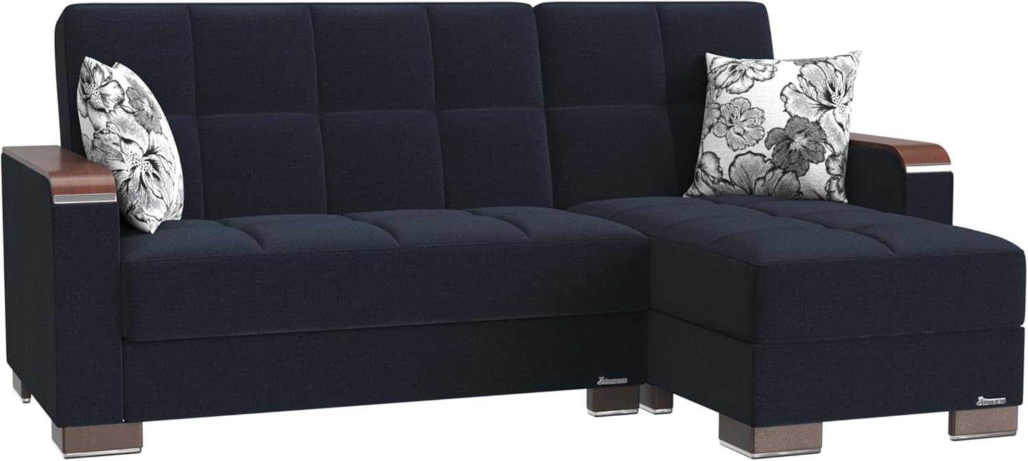 Ottomanson Convertible Chaise Lounge Sleeper with Hidden Storage & Click-Clack Sit-to-Sleep Conversion – Wood Trim Arm, Firm Support Chaise Sofa Bed for Living Room, Apartment & Guest Room, Dark Blue