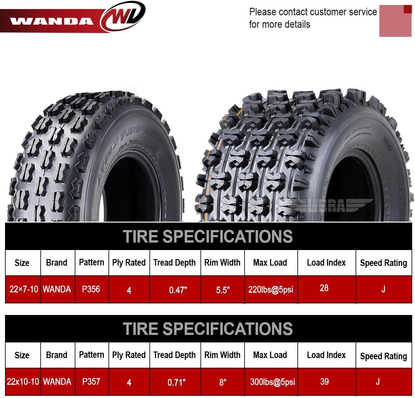 WANDA Set 4 Sport ATV Tires 22x7-10 Front & 22x10-10 Rear GNCC (Grand National Cross Country) Race Tires 10077/10089