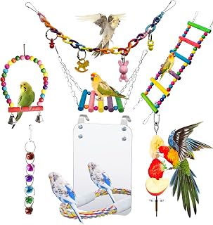 7 PCS Parakeet Bird Toys,7 inch Mirror with Rope Perch, Food Holder Bird Feeders, Swing Chewing Hammock Climbing Ladder, Suitable for Budgerigar, Conure, Cockatiel, Mynah, Love Birds, Finches