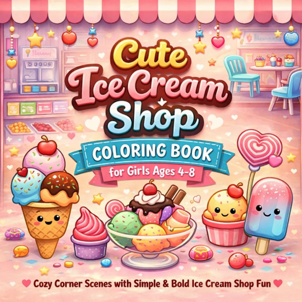 Cute Ice Cream Shop Coloring Book for Girls Ages 4–8: Cozy Comfy Corner Scenes with Simple & Bold Ice Cream Shop Fun