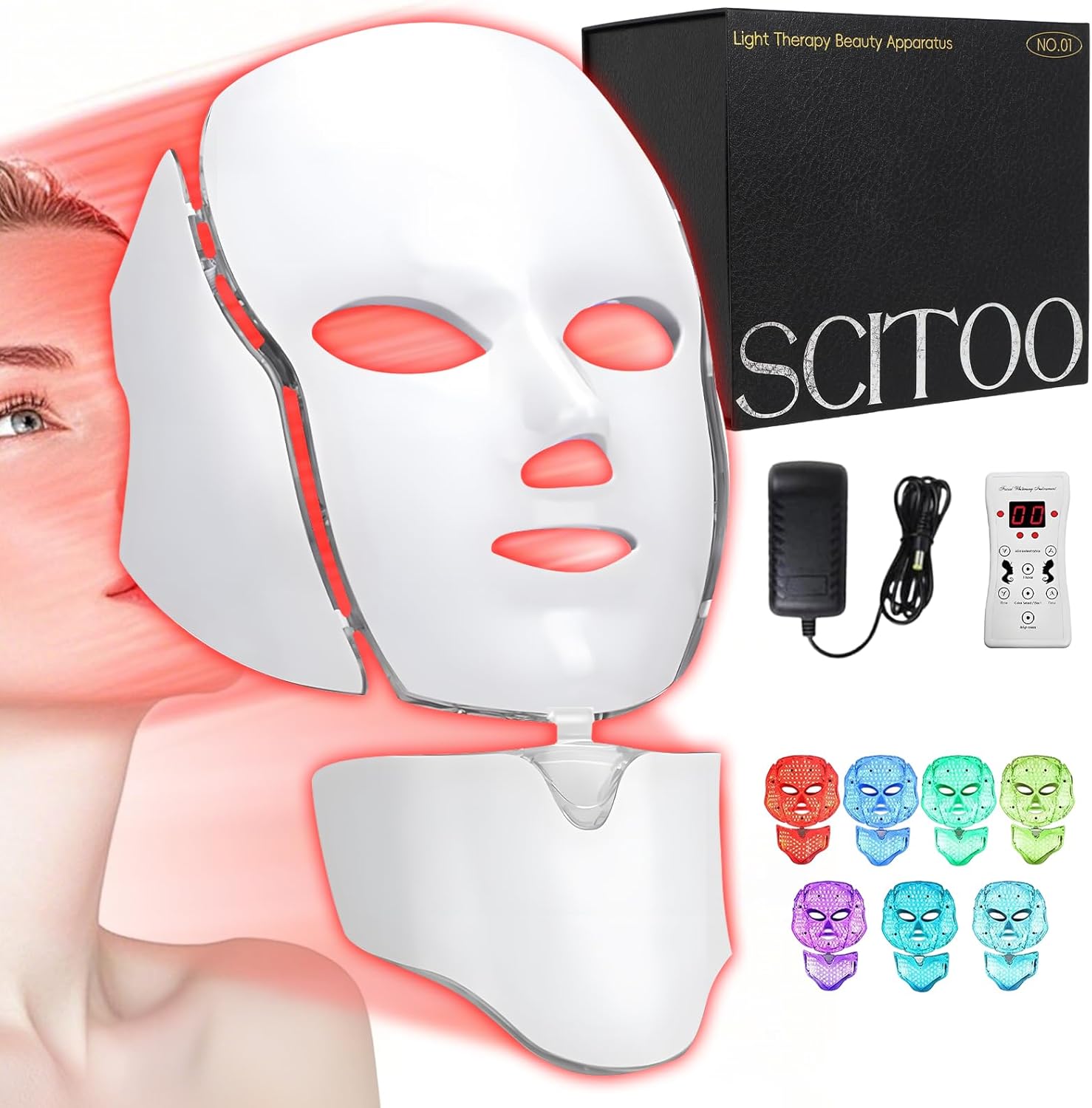 LED Face Light Therapy Mask, Red Light Therapy for Face, 7-Colors Facial Skin Care Mask, Portable Rechargeable Red Light Therapy Mask