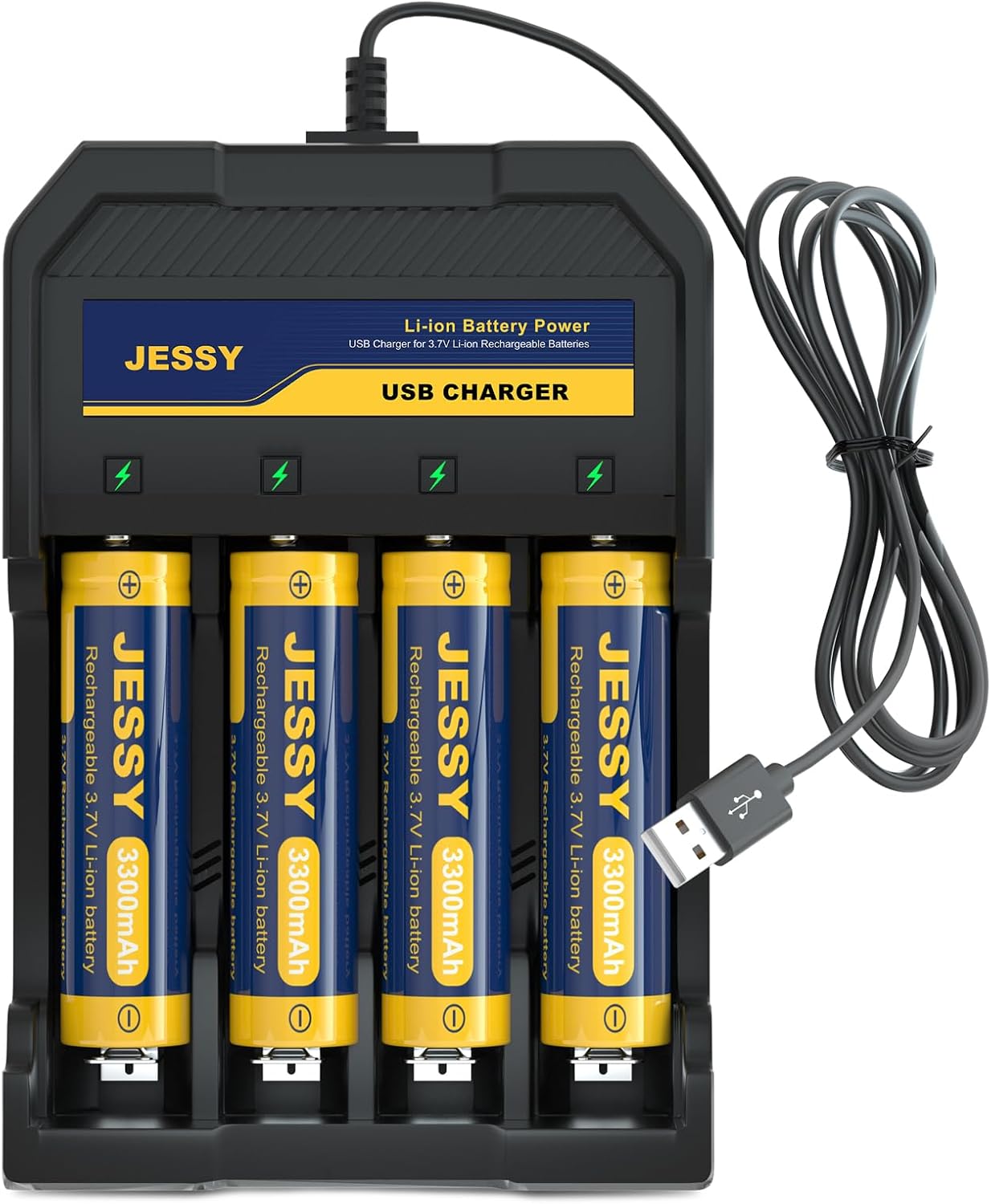 4 Bay 3.7V Battery Charger with 4 Pack (Size:18x65mm) 3,7V 330 0mAh Flat Top Battery Ni-MH, Smart Universal USB Battery Chargers for Flashlights, Headlamps,etc