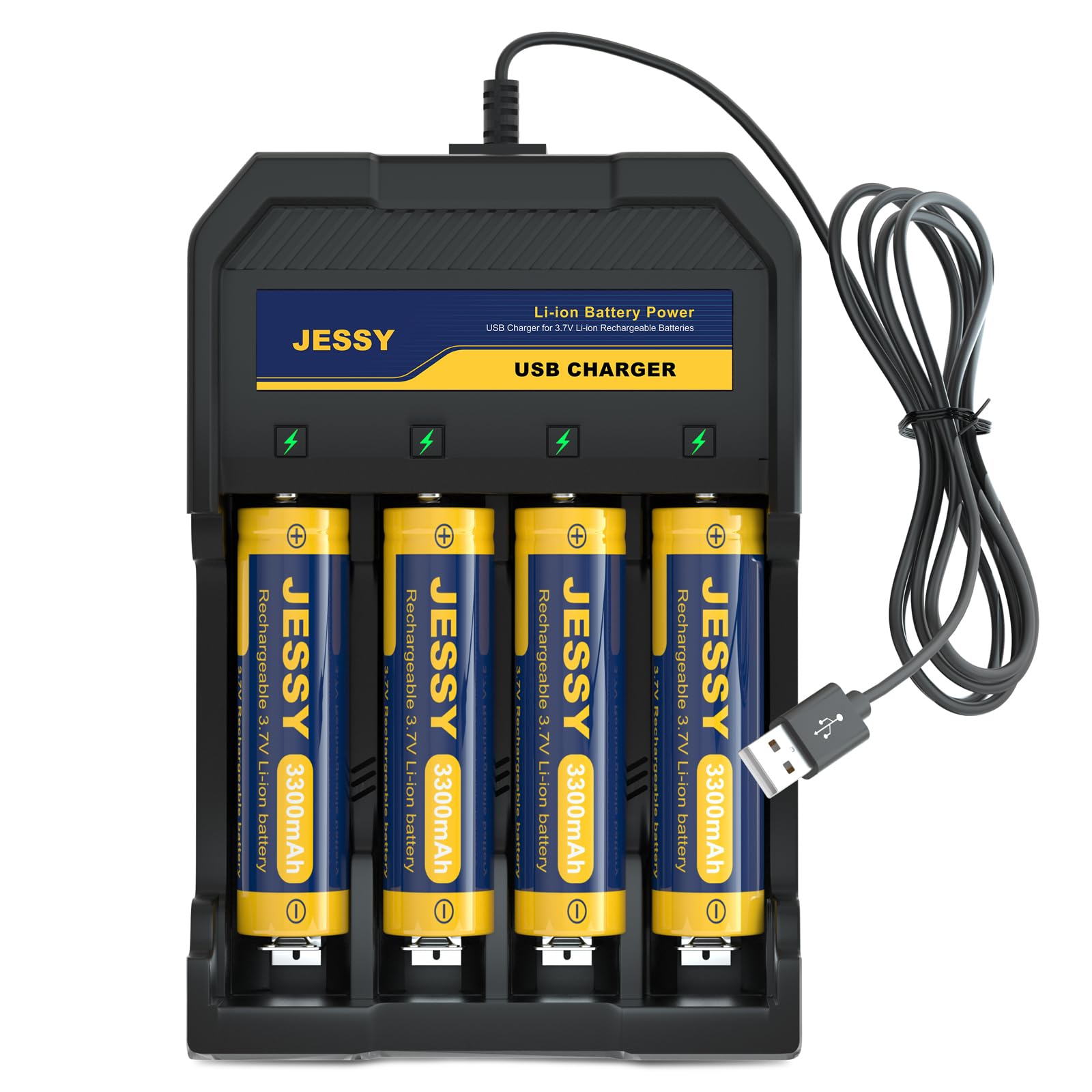 JESSY 18650 Rechargeable Battery Flat Top 3300mAh with 18650 Battery Charger, Universal Smart Charger for 3.7V Lithium Batteries 18650 (4Pack Flat Top Battery+Charger)