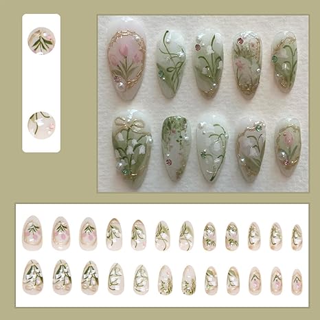 Green & Gold French Tip Press On Nails | 3D Pearl Rhinestones