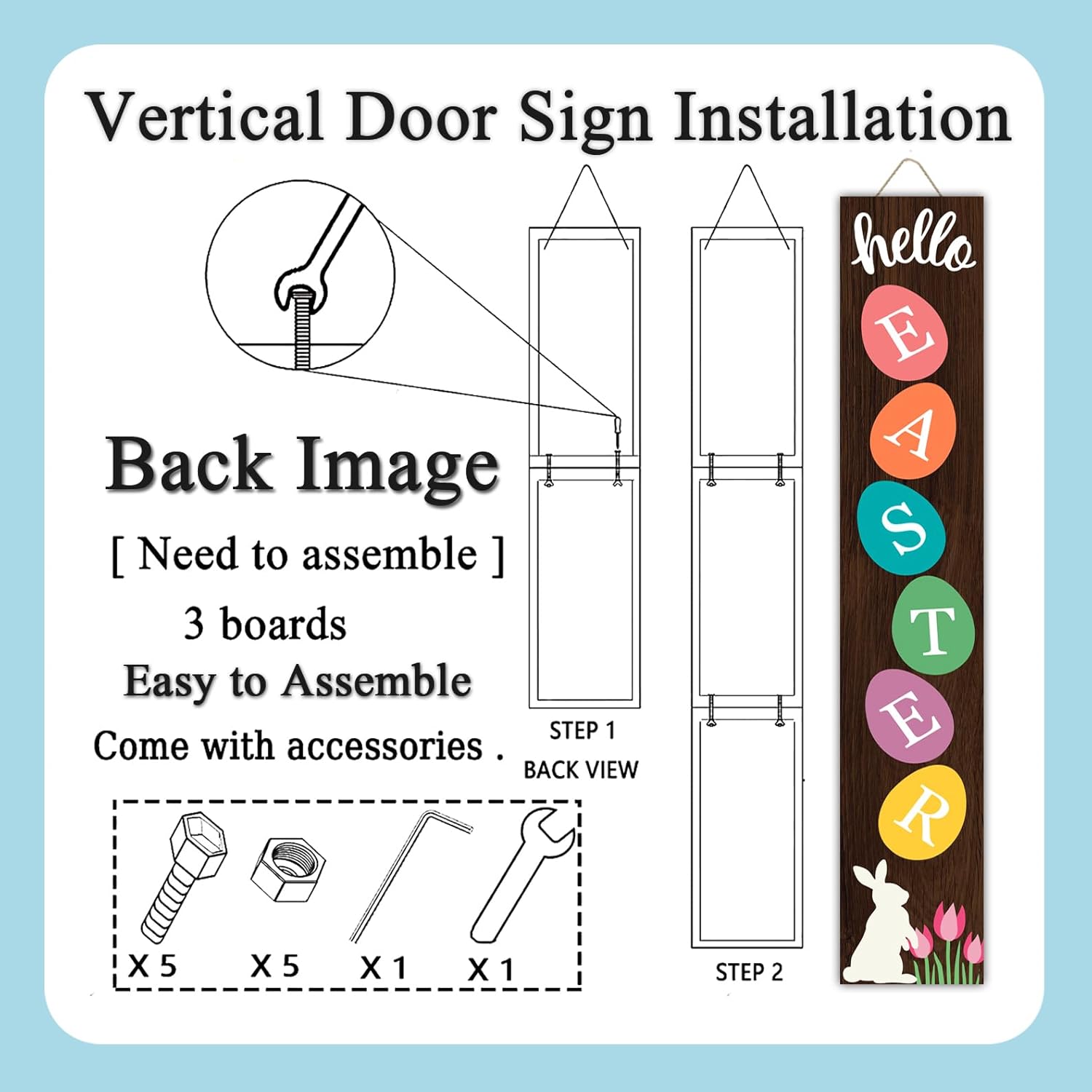Happy Easter Porch Sign: 47" Wood Framed Bunny Rabbit Flower Decorations Easter Welcome Sign for Front Door, Rustic Farmhouse Hanging Standing Porch Leaner Yard Signs Decor for Garden Home - Image 4