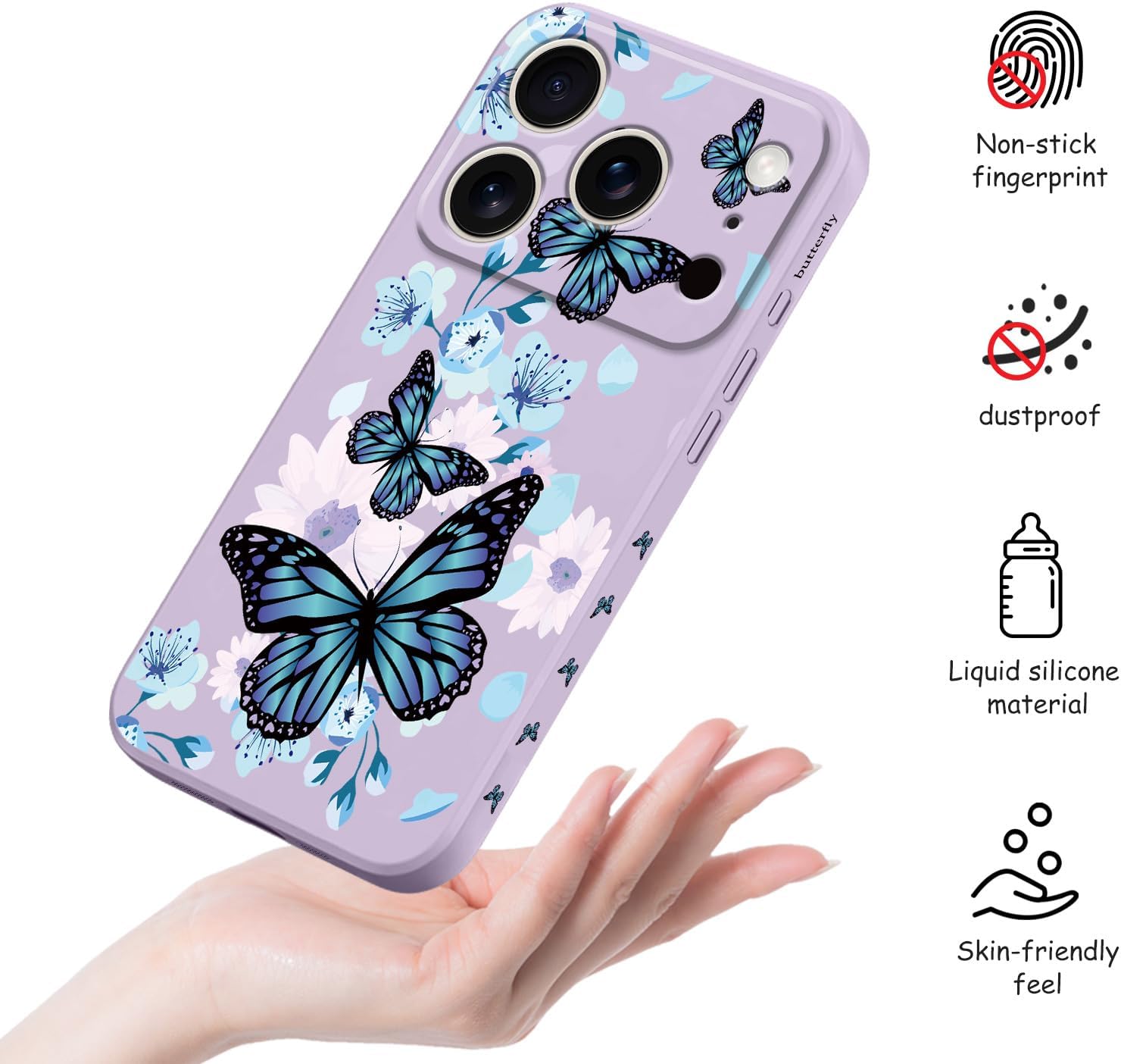 for iPhone 17 Pro Case, Printed Pattern Anti Fingerprint Fiber Lining Ultra Thin Liquid Silicone for iPhone 17 Pro Phone Cover 6.3 inch, Black Butterfly Purple - Image 4