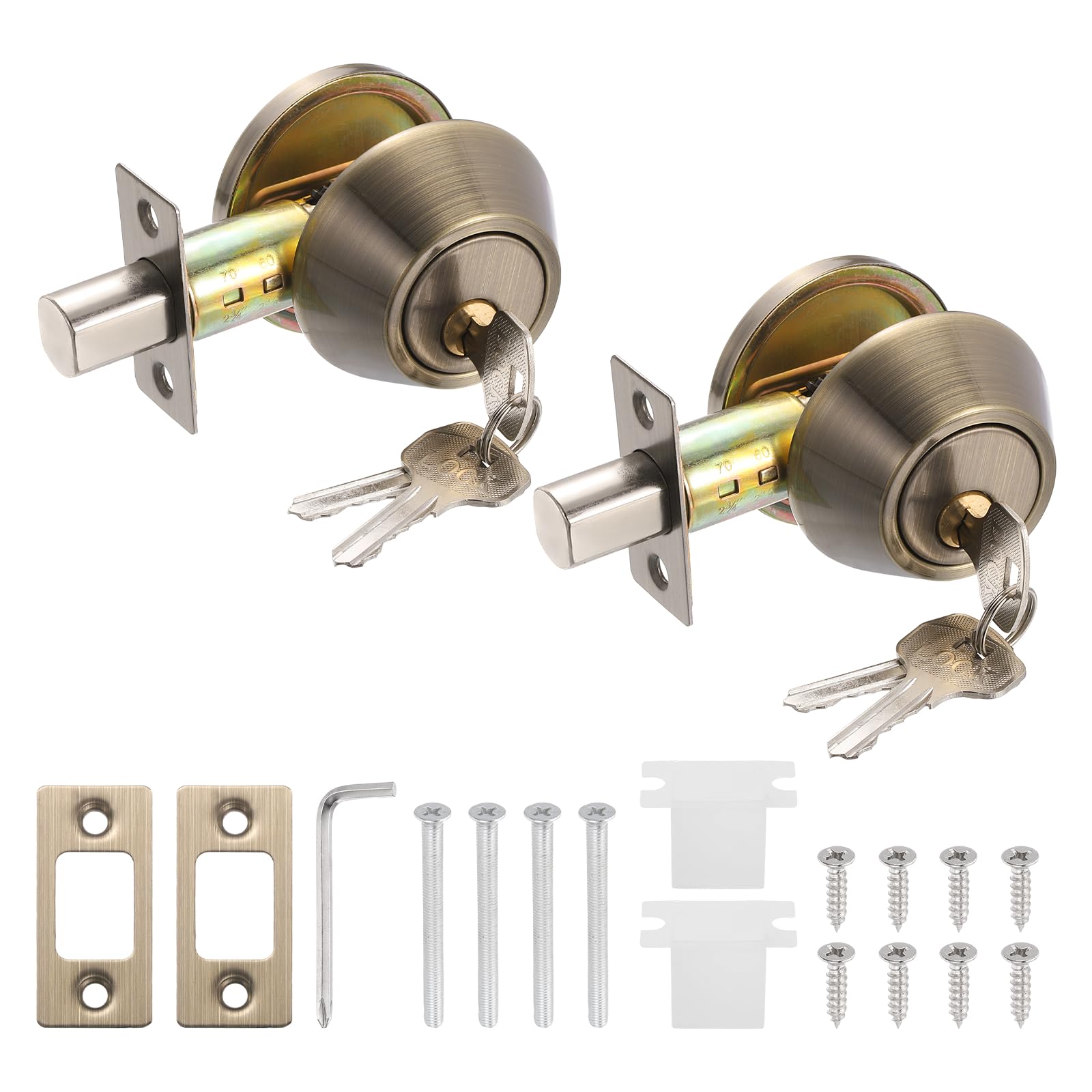 PATIKIL Door Lock Set with Single Cylinder Deadbolt (2 Inch, Bronze) (2 Set), Round Ball Exterior and Interior Door Knobs, Suit for - Bedroom/Bathroom/Office, Keyed Alike
