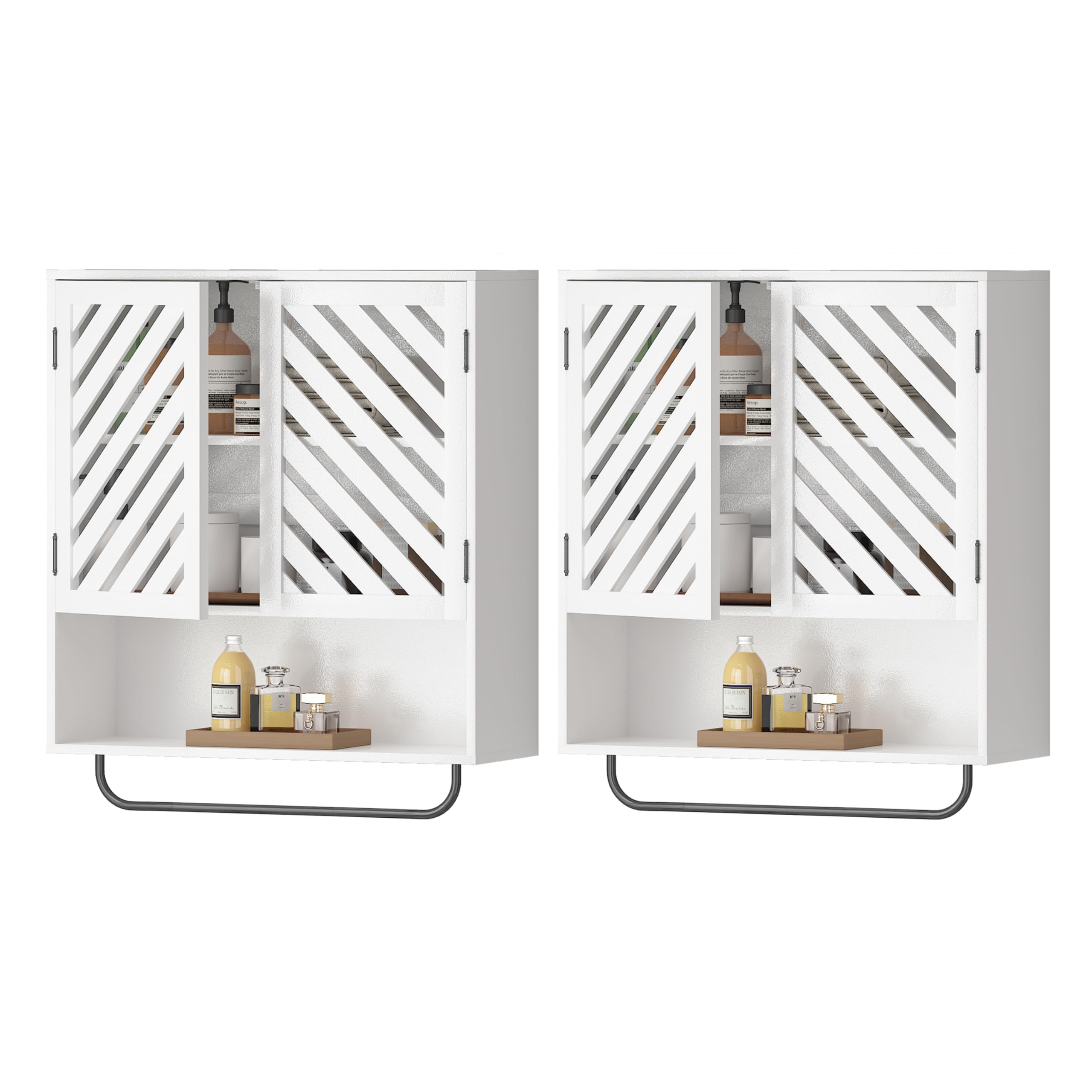 Wall Mounted Bathroom Cabinet with Openwork Doors and Towel Bar Extra Deep Over The Toilet Storage Waterproof Farmhouse