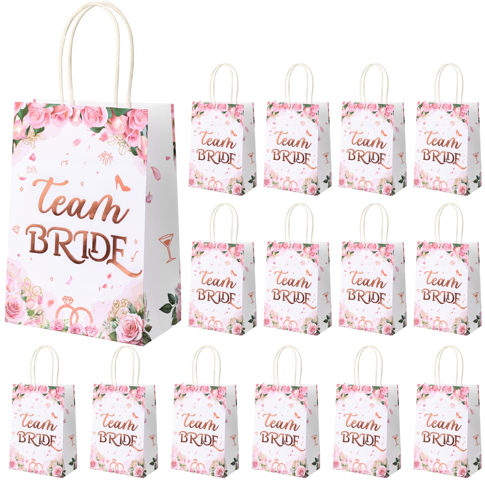 Lemicin 15pcs Kraft Bags With Handles 21 * 15 * 8cm, Party Gift Bags Thick Kraft Bags Kids Birthday Bags with Stickers, Gifts Sweets Bags for Baby Shower Wedding Valentines' Day (Rose Gold) — image 1