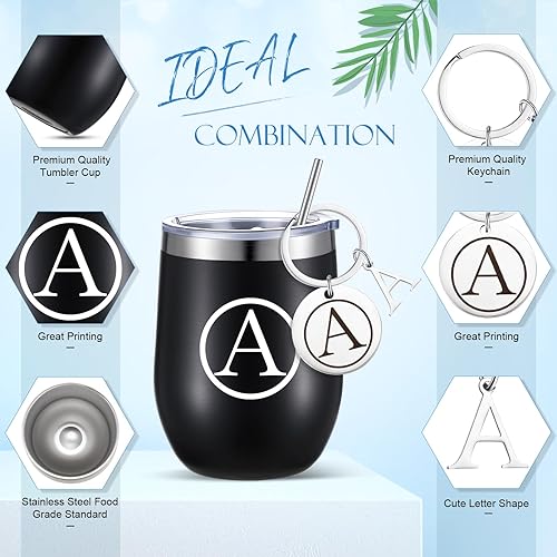 Vista 60 de Dandat Vaso de vino personalizado de Navidad con llavero, taza de viaje de acero inoxidable negra de 12 onzas con tapa y popote para empleados