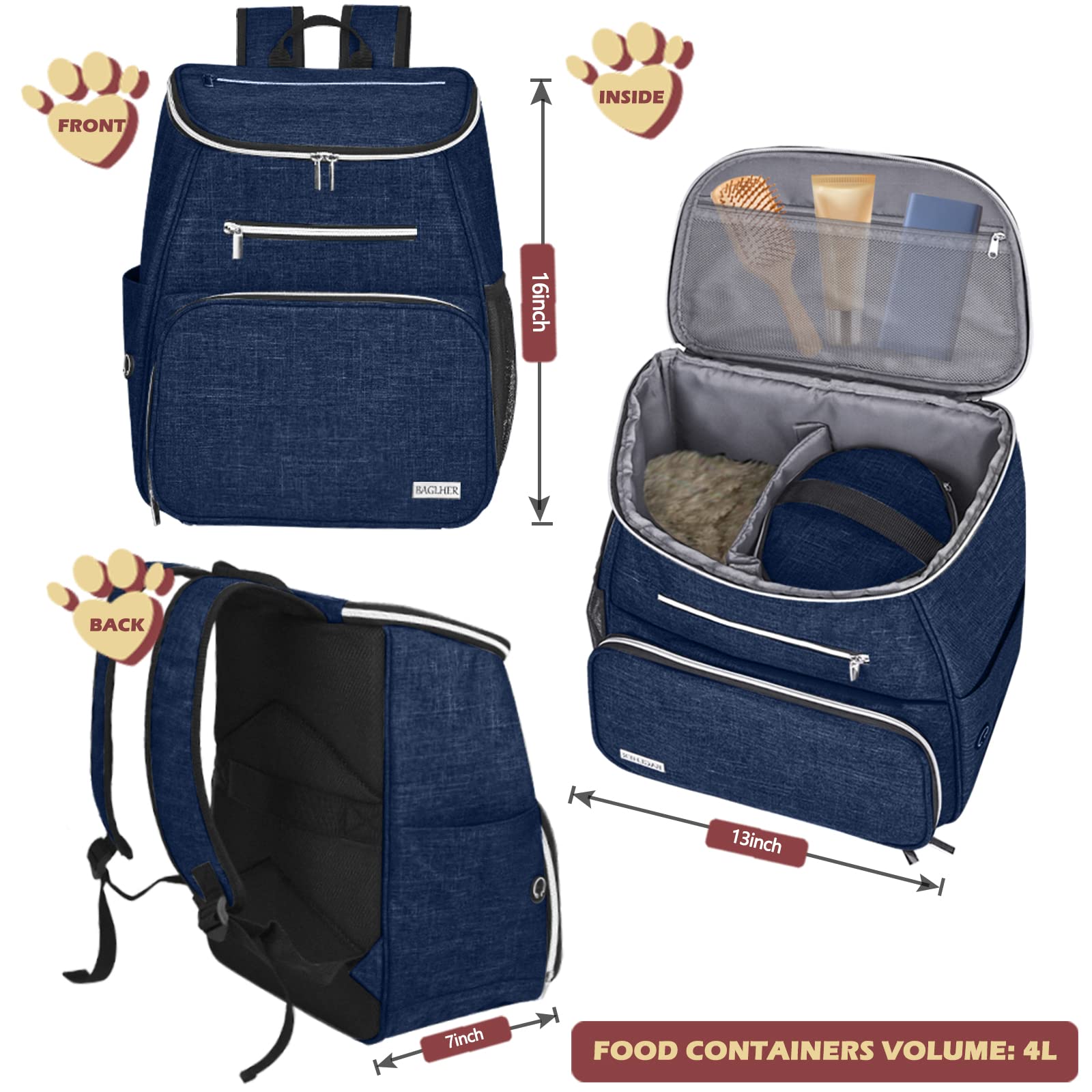 BAGLHER 丨Hundereisetasche Rucksack, Fluggesellschaft zugelassener Haustierbedarf, Hundetasche mit 2 faltbaren Silikonnäpfen und 2 Futterkörben, Dunkelblau
