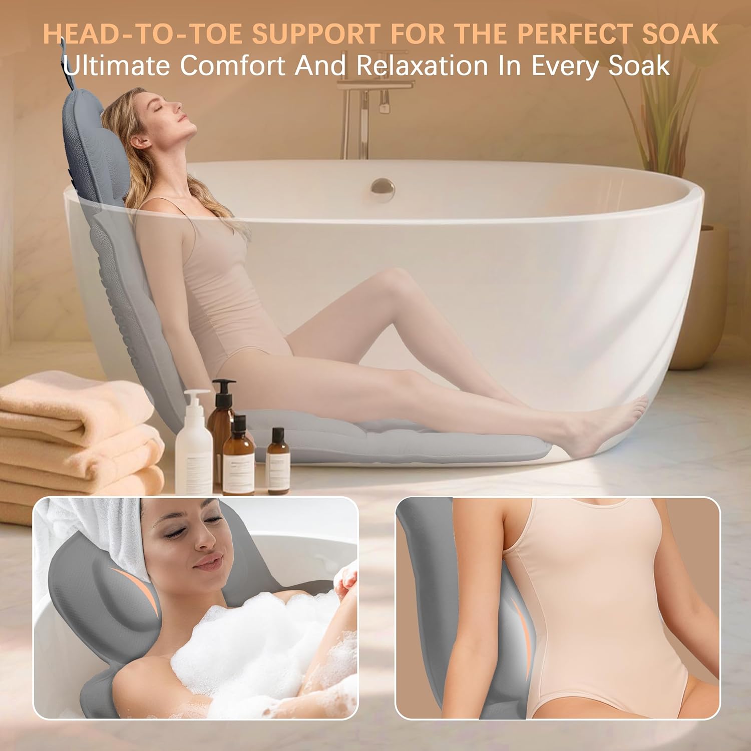 Ergonomic Full Body Bath Pillow for Bathtub, 5D Luxury Spa Cushion with 114 Non-Slip Suction Cups, Extra Long Thick Bath Pillow for Full Body Support, for Adult with Laundry Bag & Hook