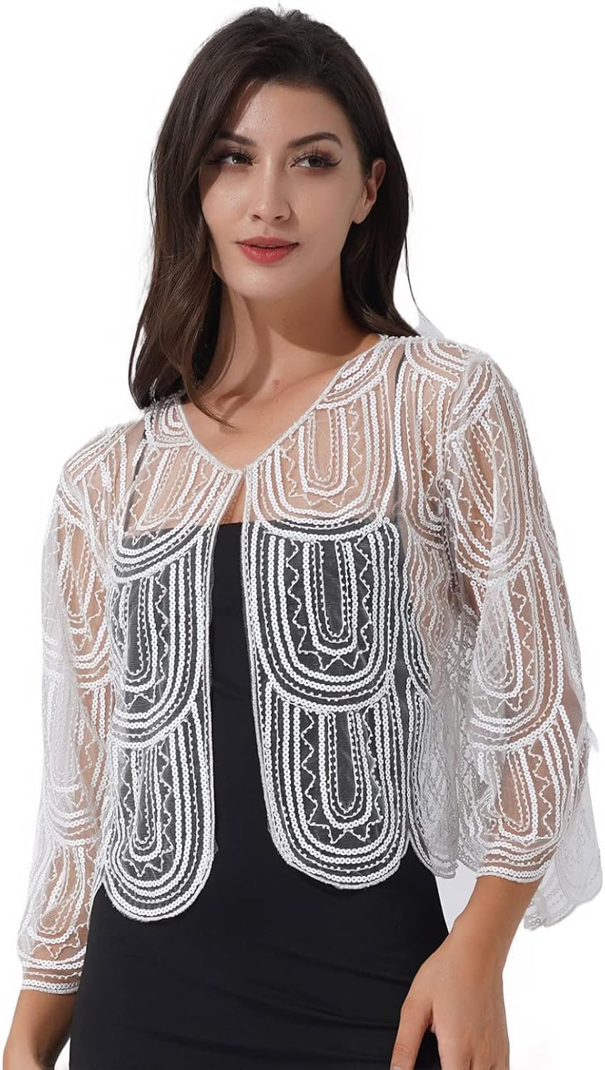 Women 1920s Sequin Shawl Wraps Hollow Lace Evening Cape Bridal Flapper Bolero Shrug Cardigan