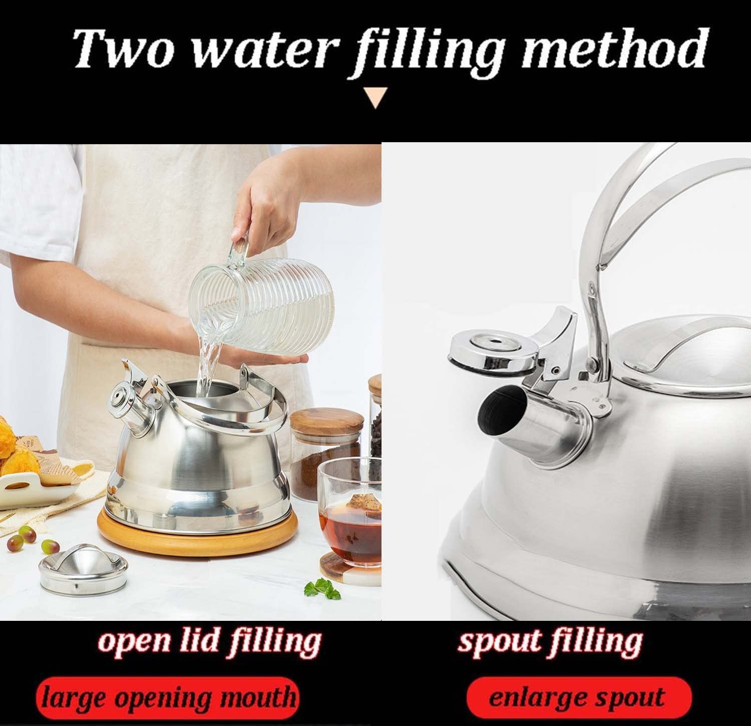 Hervidor silbante de acero inoxidable completo, hervidor de agua caliente, hervidor de cocina con placa de cocina, mango de acero, tetera de té para acampar, tetera para estufa de gas, cocina de induc