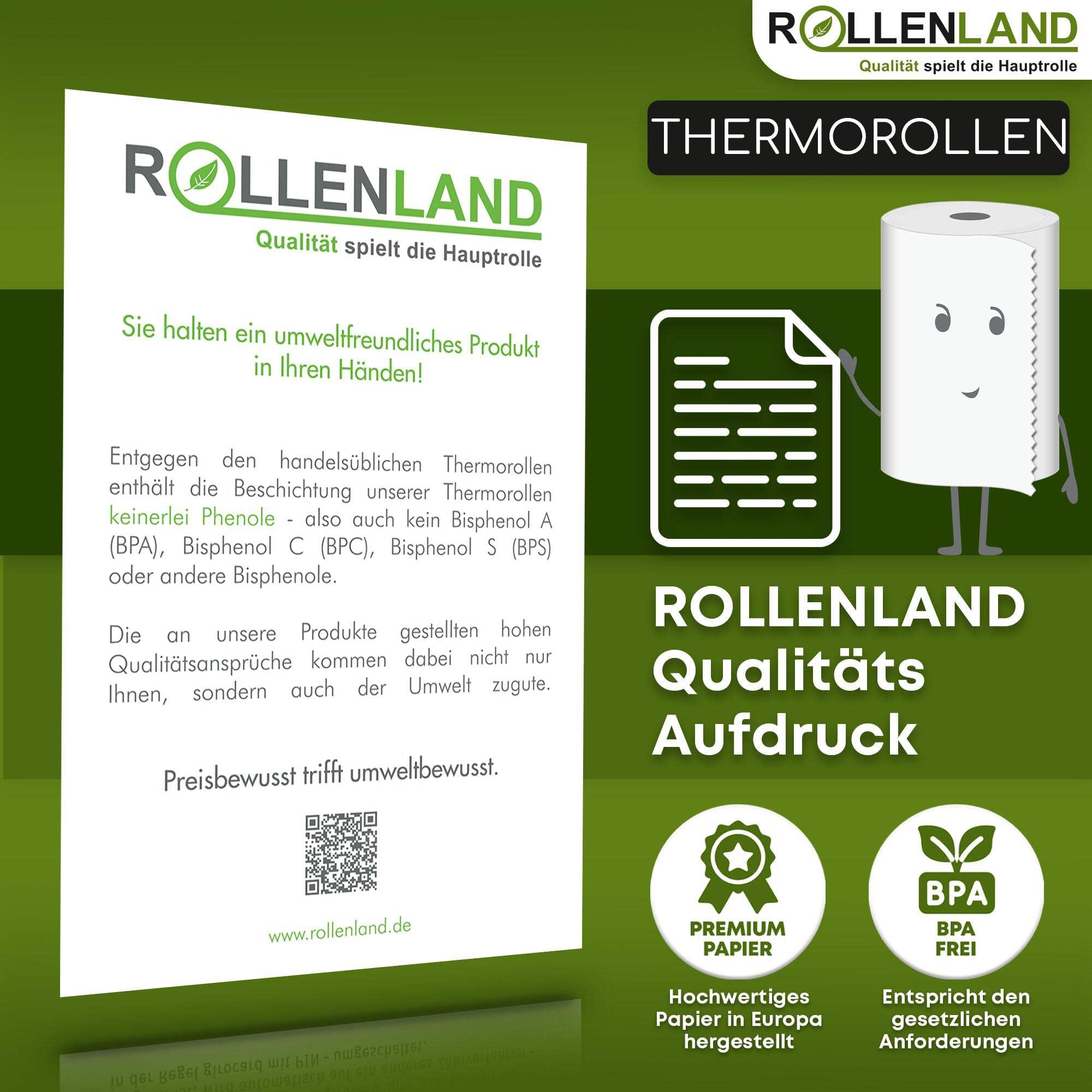 ROLLENLAND 50 Thermorollen 80x80x12 [80 m Lauflänge & Qualitätsaufdruck] Kassenrollen, Bonrollen, Thermopapier Rollen, phenolfrei, BPA BPC BPS frei, 55 g/qm