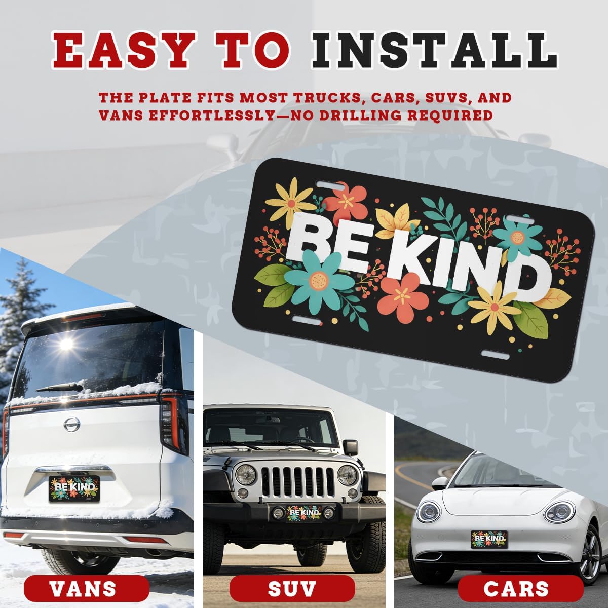 Be Kind Front License Plate Kindness Colorful Floral Cute Typography Aluminum Decorative License Plates Funny Novelty Vanity Tag Cover Car Decor Accessory with 4 Holes for Men Women 12×6 Inch image 3
