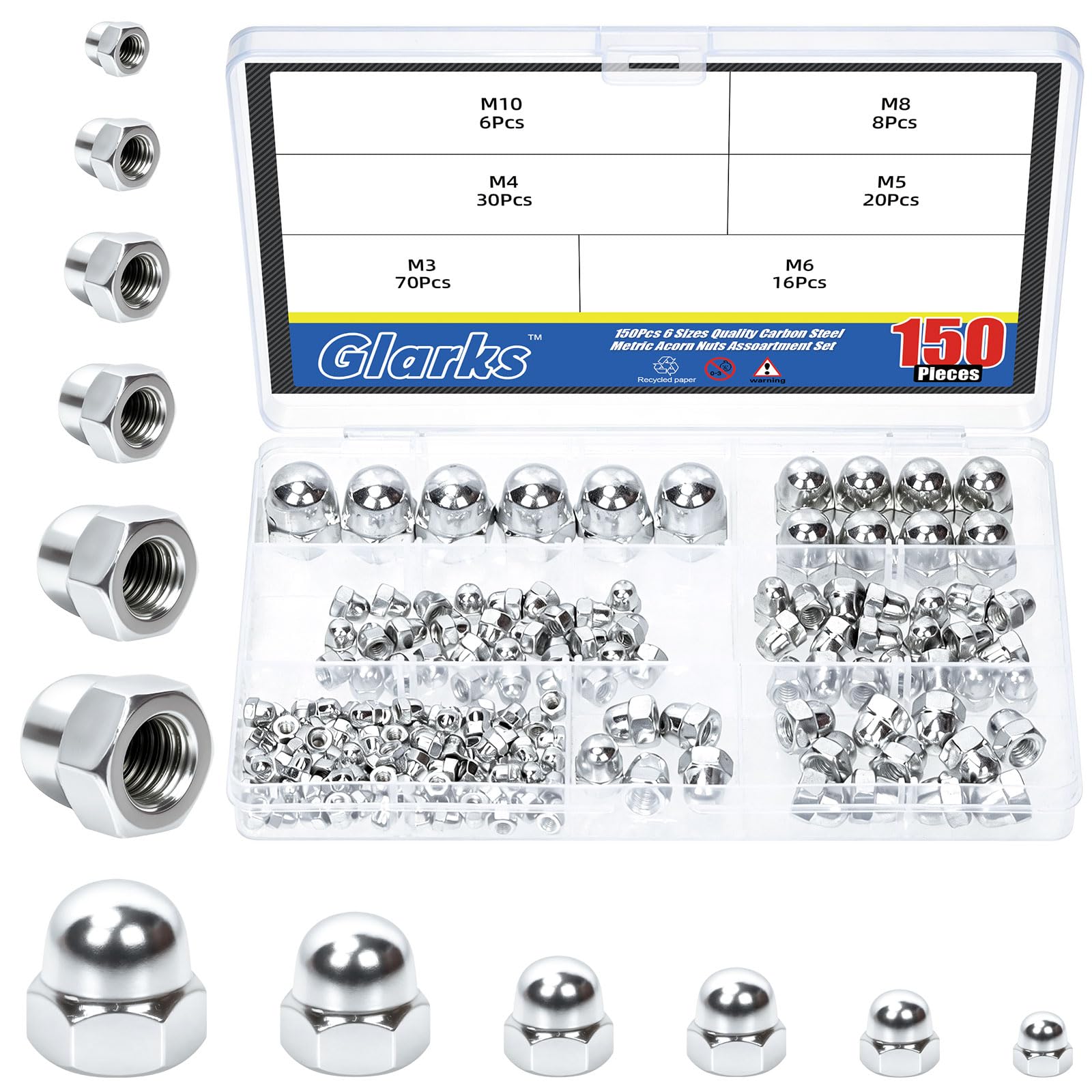 Glarks 150pcs M3/M4/M5/M6/M8/M10 Carbon Steel Acorn Cap Nuts Kit, Nickel Plated Hex Dome Nuts, Acorn Hex Cap Dome Head Nut, Domed Crown Nut for Protecting Bolts, Furniture, Automotive
