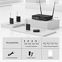 Vista 9 de Sistema de micrófono inalámbrico de solapa con auriculares y micrófonos Lavalier, juego de micrófonos UHF Pro de 4 canales con transmisor de paquete