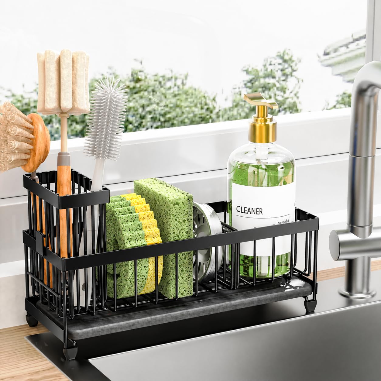Cisily Sponge Holder for Kitchen Sink, Sink Caddy Organizer with High Brush Holder, Kitchen Countertop Organizers and Storage Essentials (Black Shelf with Stone Tray, Small)