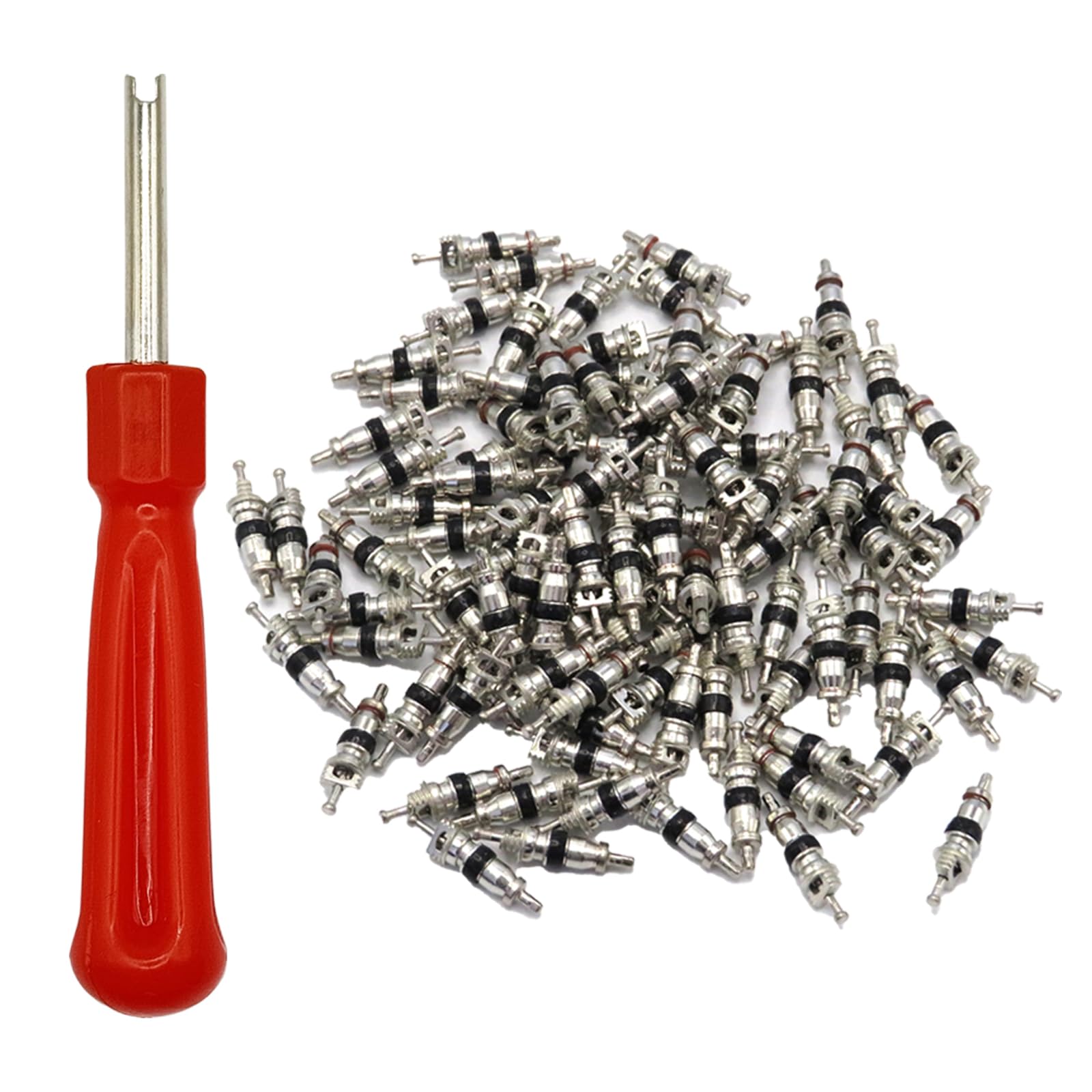 LLAUTOOLS 100Pcs Schrader Tire Valve Core and 1Pc Valve Core Removal Tool,Replacement for General Vehicles of Cars,Motorcycles,Bicycles and Trucks,Two Colors Seal Rubber Ring Available (Black)