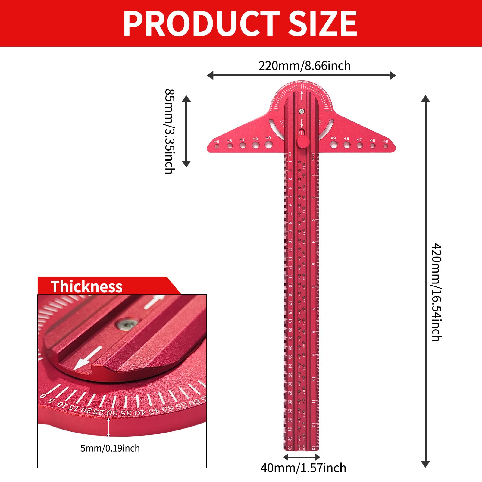 Regla de línea de marcado para carpintería, regla cuadrada deslizante de aleación de aluminio ajustable (rojo)