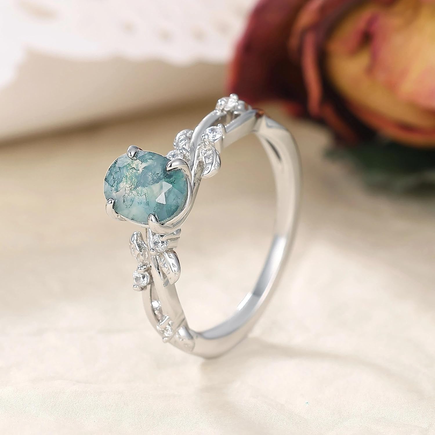 Art Deco Natural Moss Agate Ring for Women 925 Sterling Silver Black Rutilated Quartz Gemstone Wedding Engagement Promise Ring for Her Size 4-9