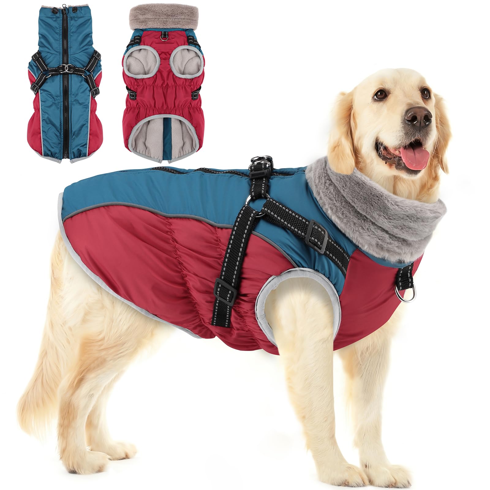Woiil Hundemantel Winter, Hundemantel Wasserdicht für Mittelgroße Hunde mit verstellbares Hundegeschirr, Warm Hundejacke aus Fleece, Reflektierende Streifen, Geeignet für Border Collies (L,Rot)