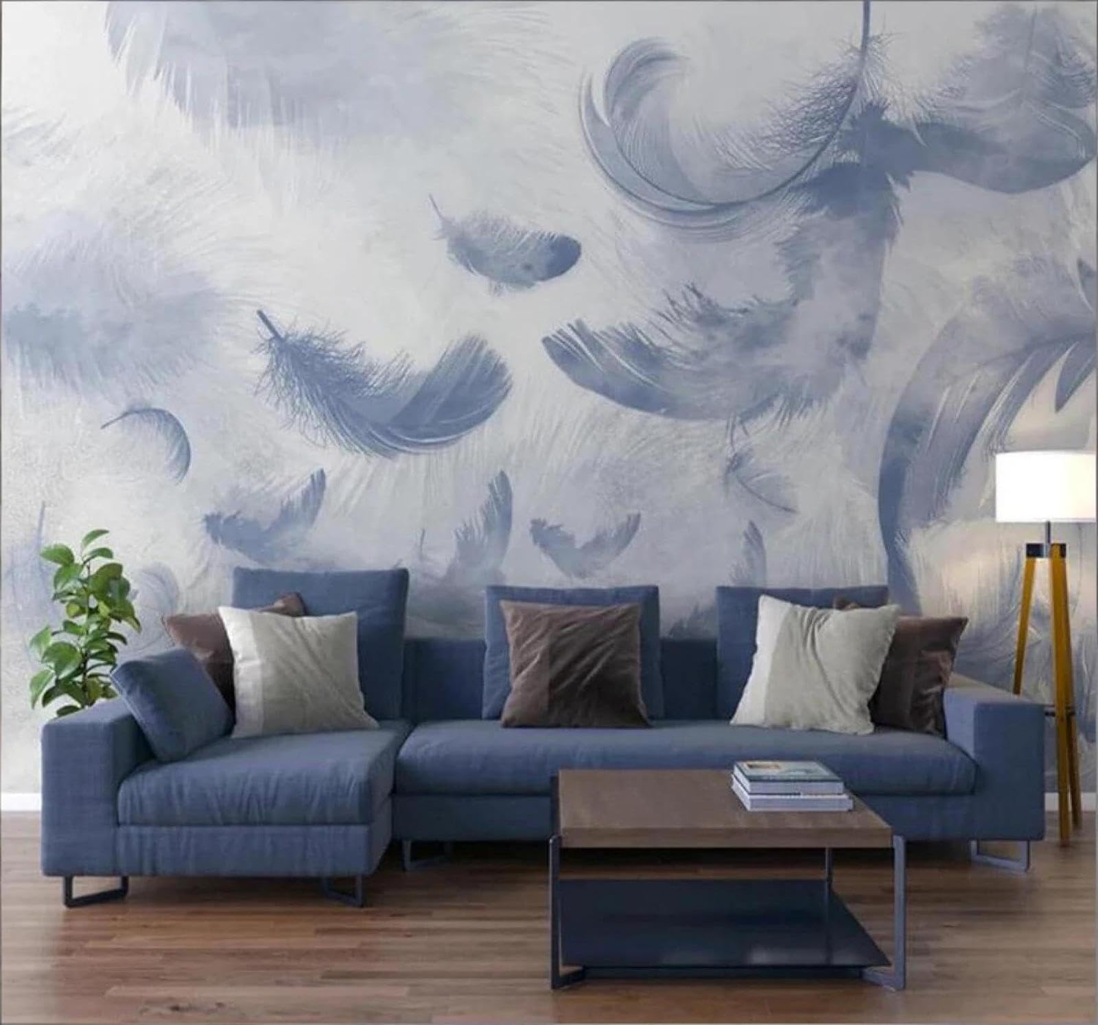 XLMING Minimalist Ink Wash Hand Drawn Blue Feathers 3D Wallpaper Premium Textured Silk Study Dining Living Room Bedroom Sofa TV Wall Easy Install-250cm×170cm