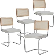 Set of 4 Modern Dining Chairs, Granular Plush Upholstered Kitchen Chair, Cantilever Dining Chair with Mesh Rattan Woven Backrest - White