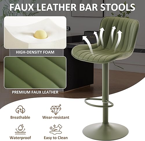 Miniatura 3 de YOUNIKE Juego de 2 taburetes de bar verdes de altura de encimera de cocina con respaldo, modernos taburetes de bar tapizados de piel sintética