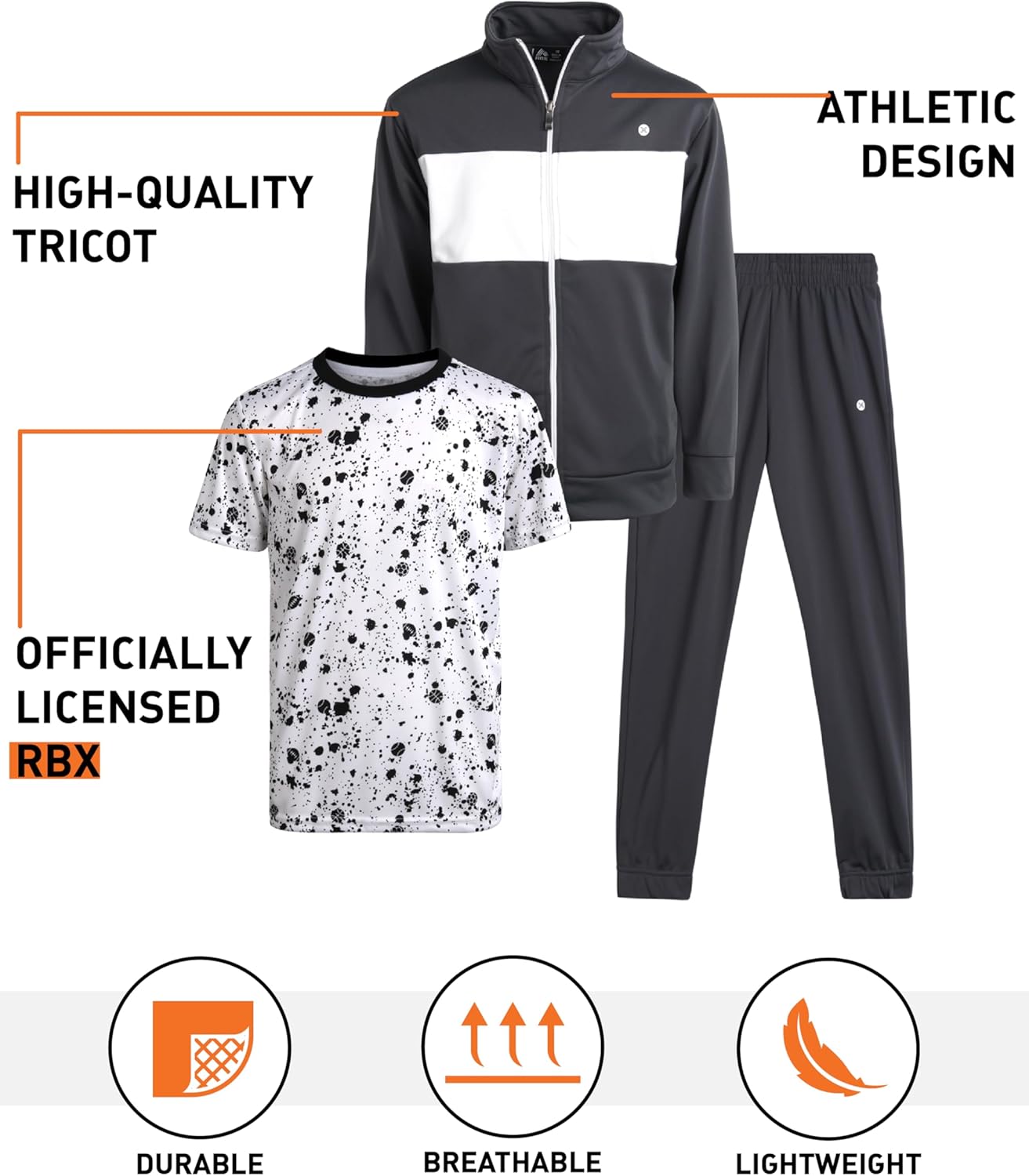 RBX Boys Sweatpants Set - 3 Piece Tricot Boys Joggers T Shirt and Zip Up Kids Sweatshirts Activewear Athletic Sets (8-12) - Image 2