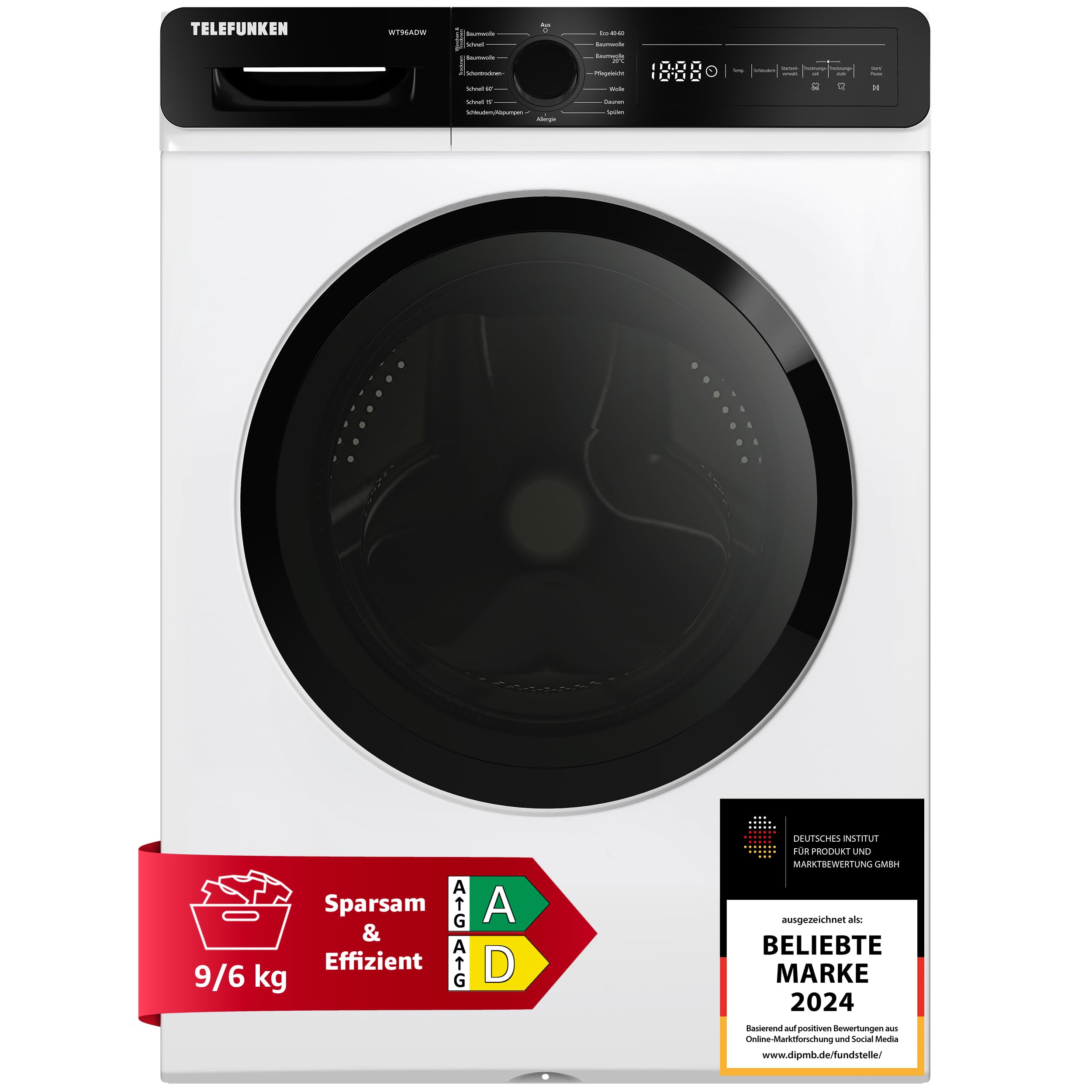 Telefunken Waschtrockner, 9 kg Waschen / 6 kg Trocknen, Waschmaschine mit Trockner integriert, 1400 U/Min, Frontlader Waschtrockner Kombi, Inverter Motor, AquaStop, Energiesparend, Weiß, WT96ADW