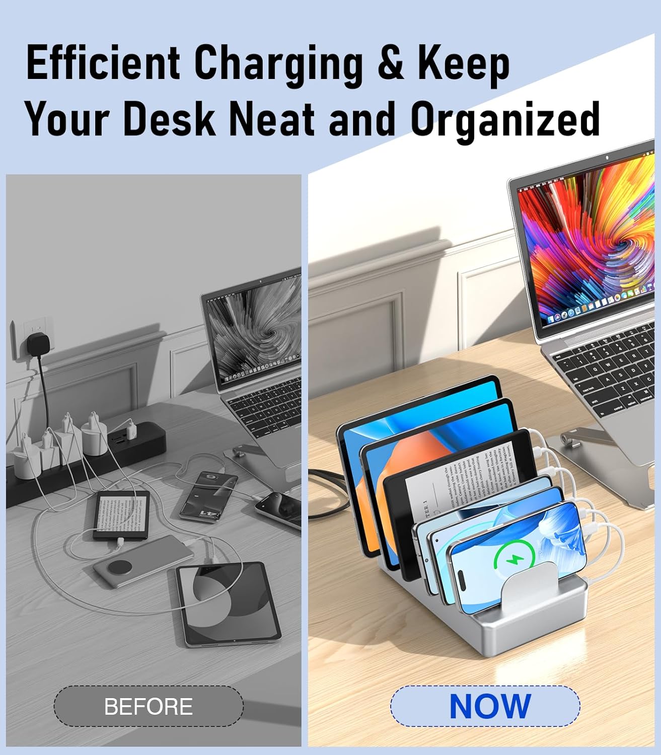 CREATIVE DESIGN 6 Port Charging Station for Multiple Devices,50W Multi Phone Charging Station with 6 Cables, Multiple USB Charger Station Designed for Cellphone iPad iPhone Tablet (Silver)