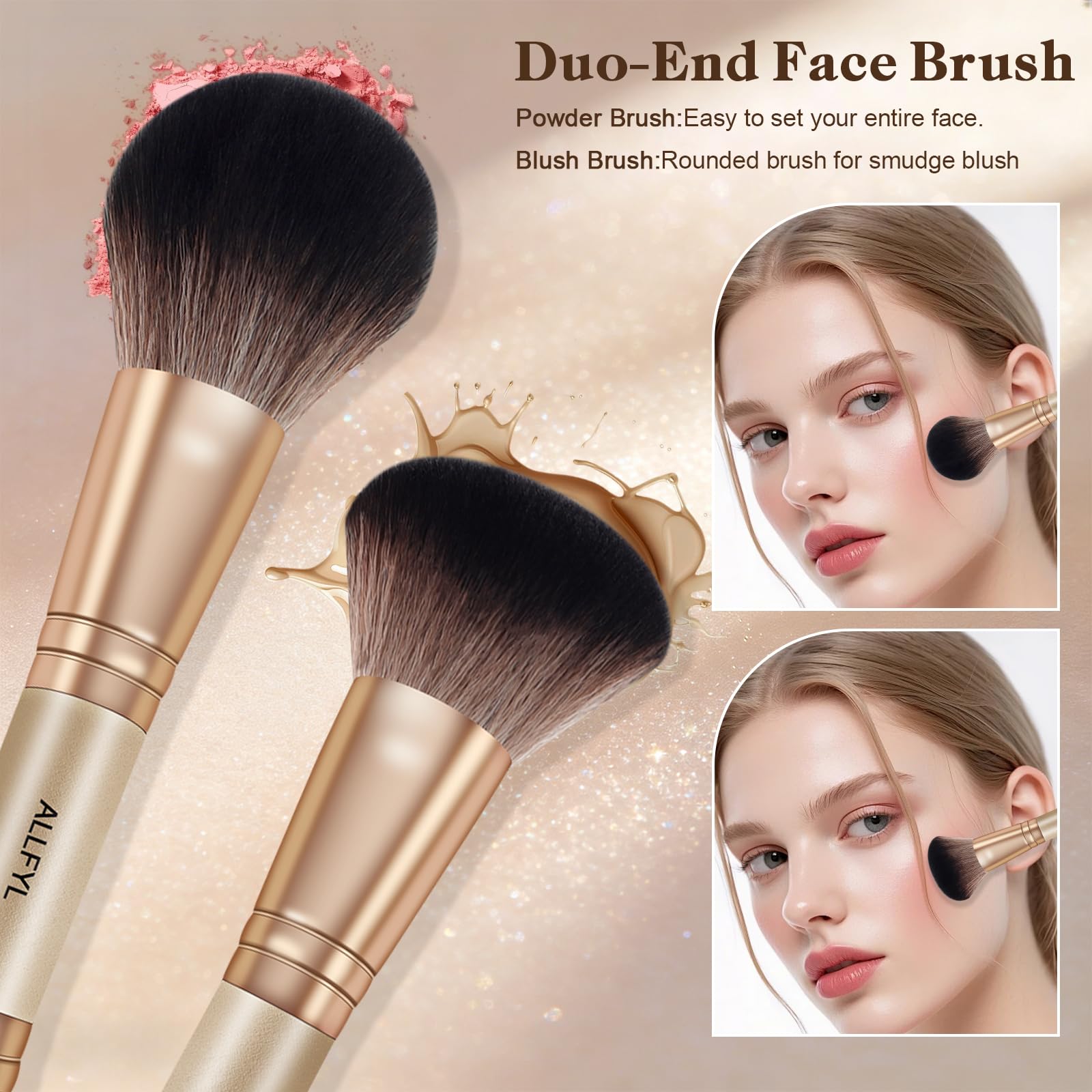Set 6 Pennelli Doppi Trucco Professionali, Champagne, Pennello Fondotinta incluso, Pennelli Make Up per Viso Contour Occhi Labbra, Confezione Regalo da Viaggio per Donne