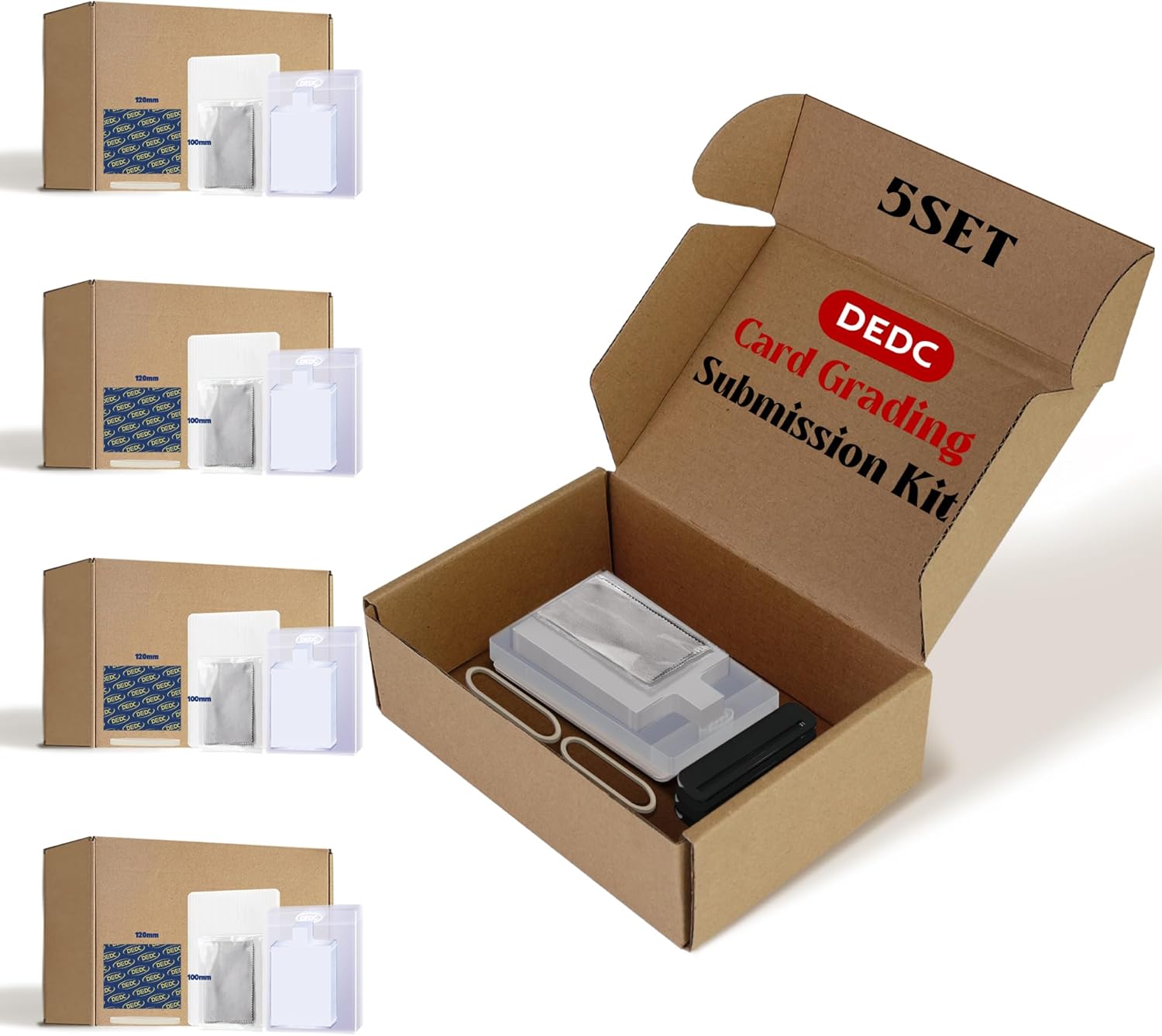 DEDC Card Grading Submission Kit 5 Set Grading Mailing with 25 PSA Stands 125 Semi-Rigid Card Holder 500 Tabbed Sleeves 10 Rubber Bands and Bubble Wrap Shipping Protector Cleaning Cloth Sticker