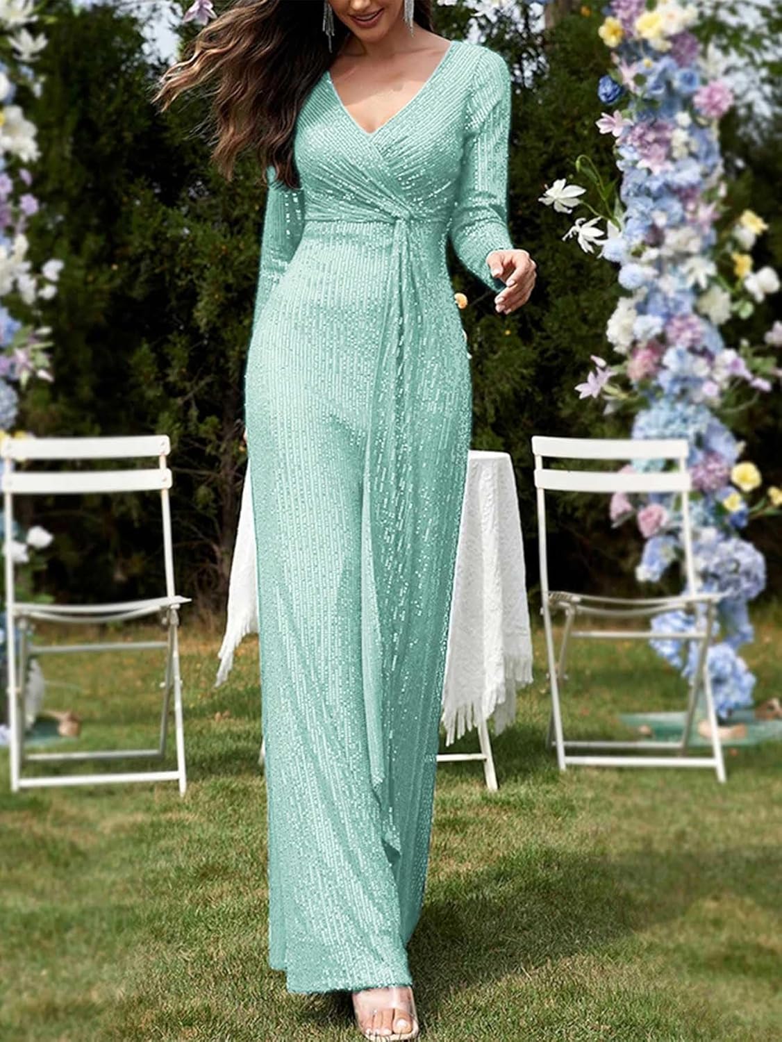 meilun Long Sleeve Sequin Dress for Women Formal Gowns Sparkly V Neck Maxi Dress - Image 4