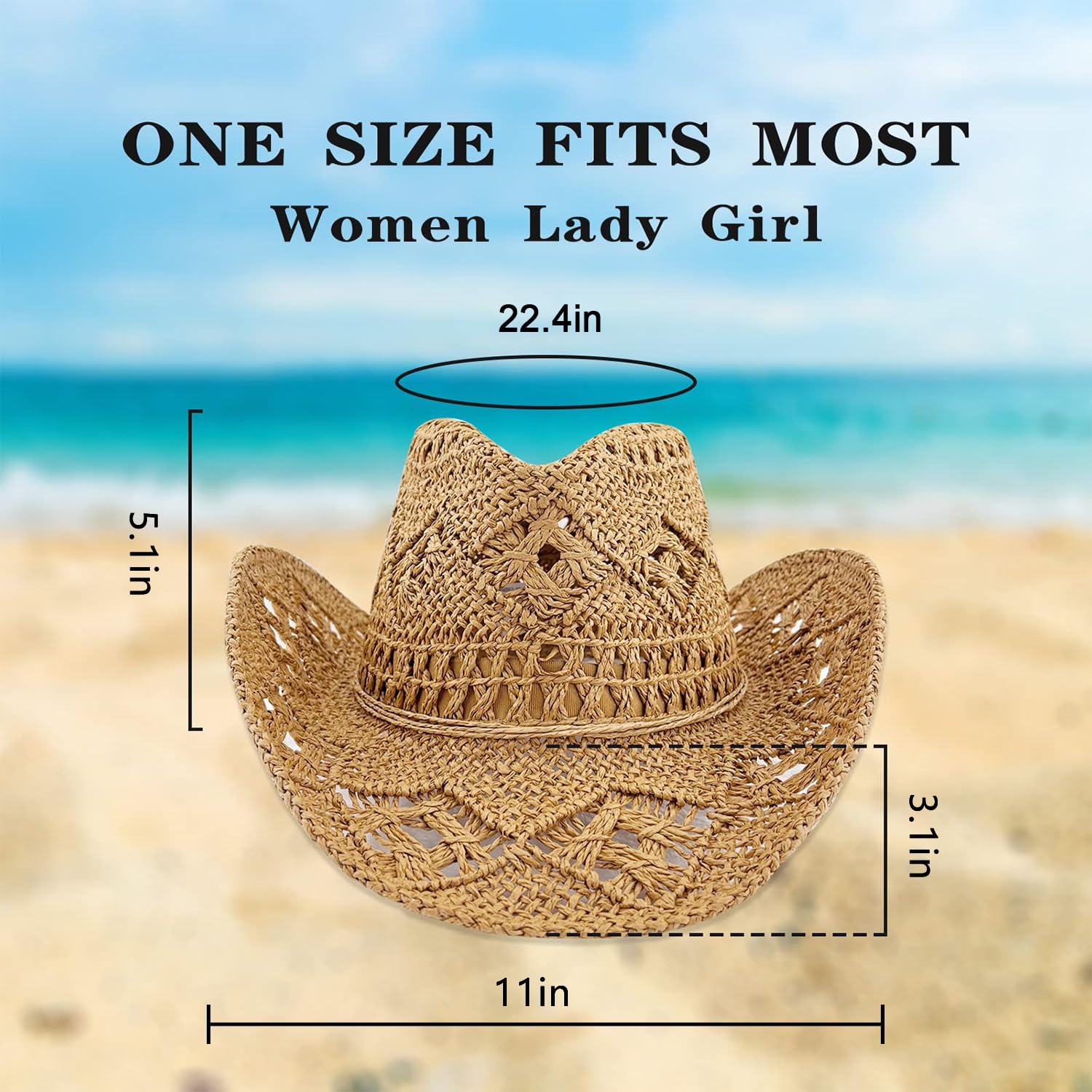Straw Cowboy Hat for Women Sparkly Western Cowgirl Hat Wide Brim Beach Hat for Theme Party Vacation Spring Summer Sun Hats Brown