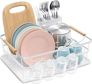 KINGRACK Dish Drainer with Drip Tray, Large Capacity Dish Rack, Dish Dry Rack with Wooden Handles, Removable Draining Board, Cutlery Holder & Cup Holder, Sink Drainer for kitchen, White