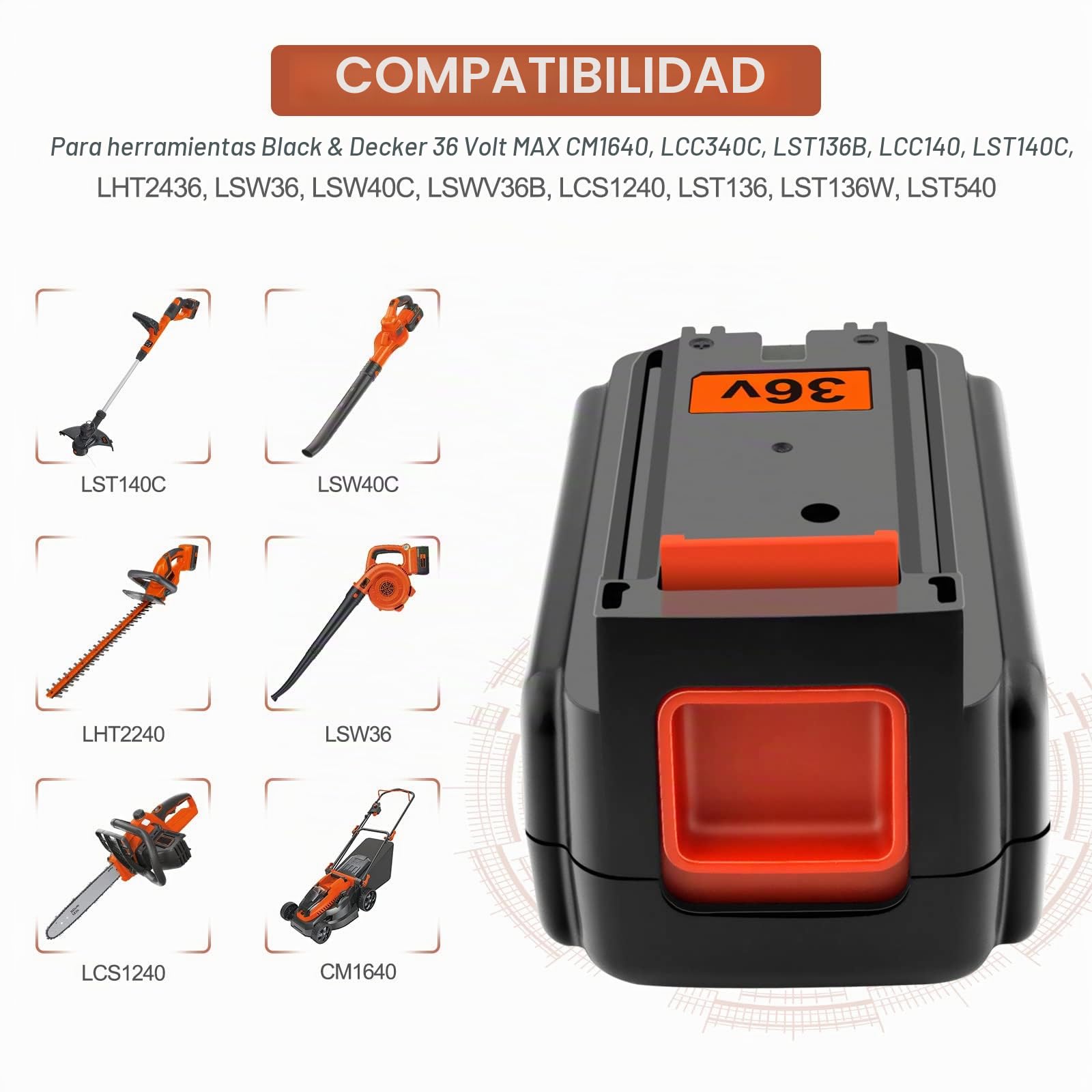 BL20362 BL2536 Batería de Repuesto para 36V BL20362 BL20362-XJ BL2536 BL2536-XJ LBXR2036 LBX2040 LBX36 LBXR36 LBXR2036 (Ion de Litio 36 V 2,5Ah)