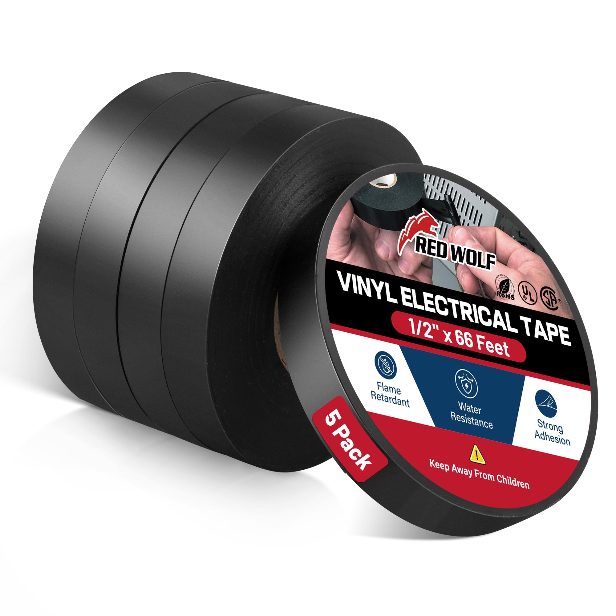 RED WOLF 1/2"-66Ft 5 Pack Vinyl Electrical Tape, UL CSA Listed PVC Electric Tape 7 Mil Thick Flame Retardant Strong Rubber Based Adhesive Tape Rated