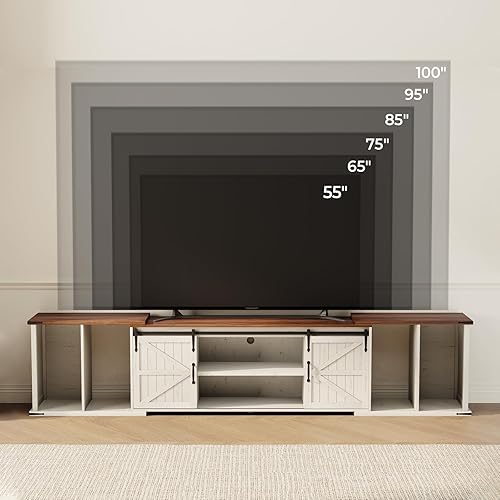 Miniatura 6 de Soporte de TV extensible, centro de entretenimiento para TV de 85, 95, 105 pulgadas, soporte de TV de granja con almacenamiento de gran capacidad y