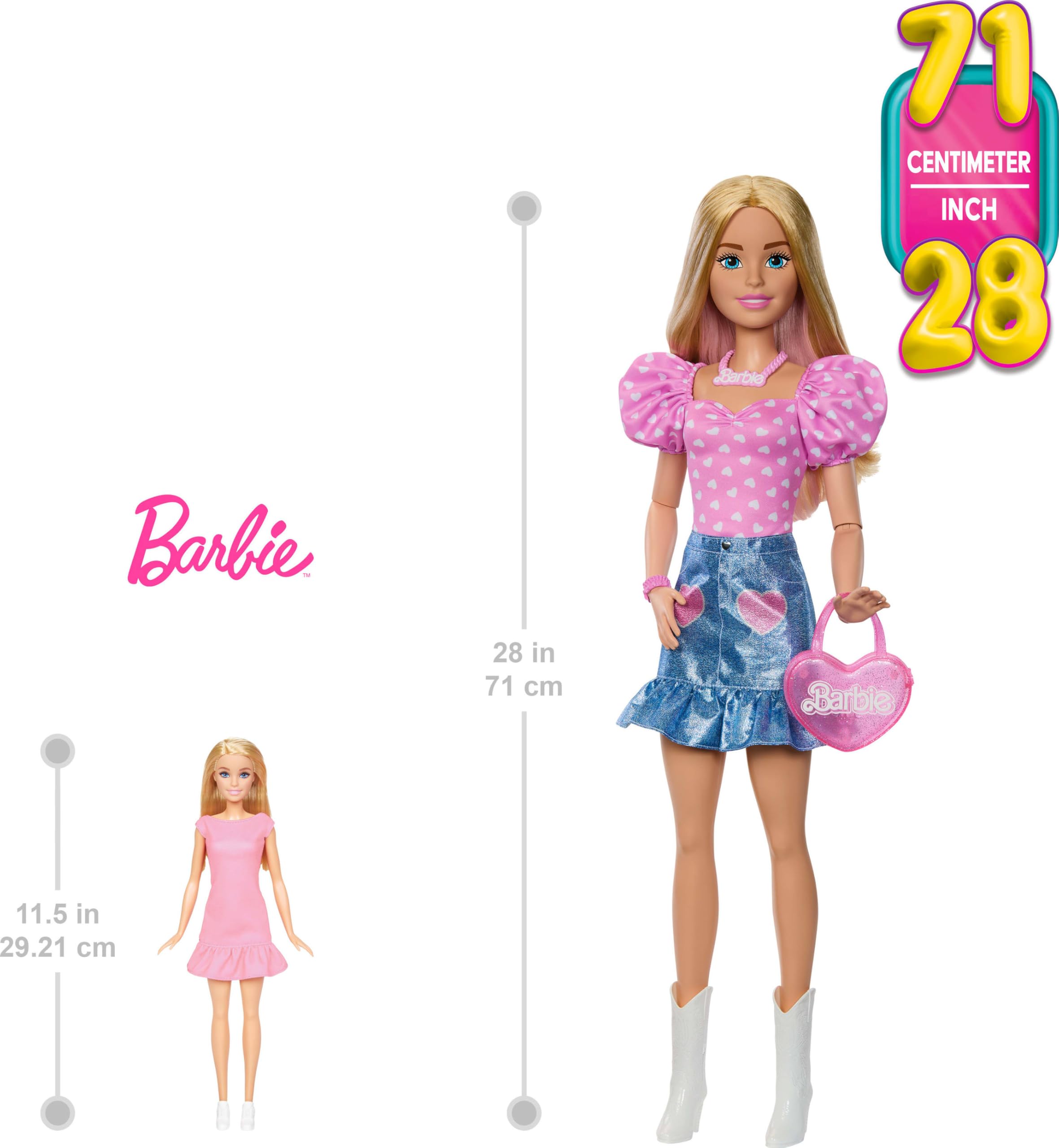 Barbie-Modepuppe blond 71 cm mit Abnehmbarer Kleidung, pinkfarbenem Oberteil, Jeansrock und Cowboystiefeln, Halskette und Handtasche, HYT84