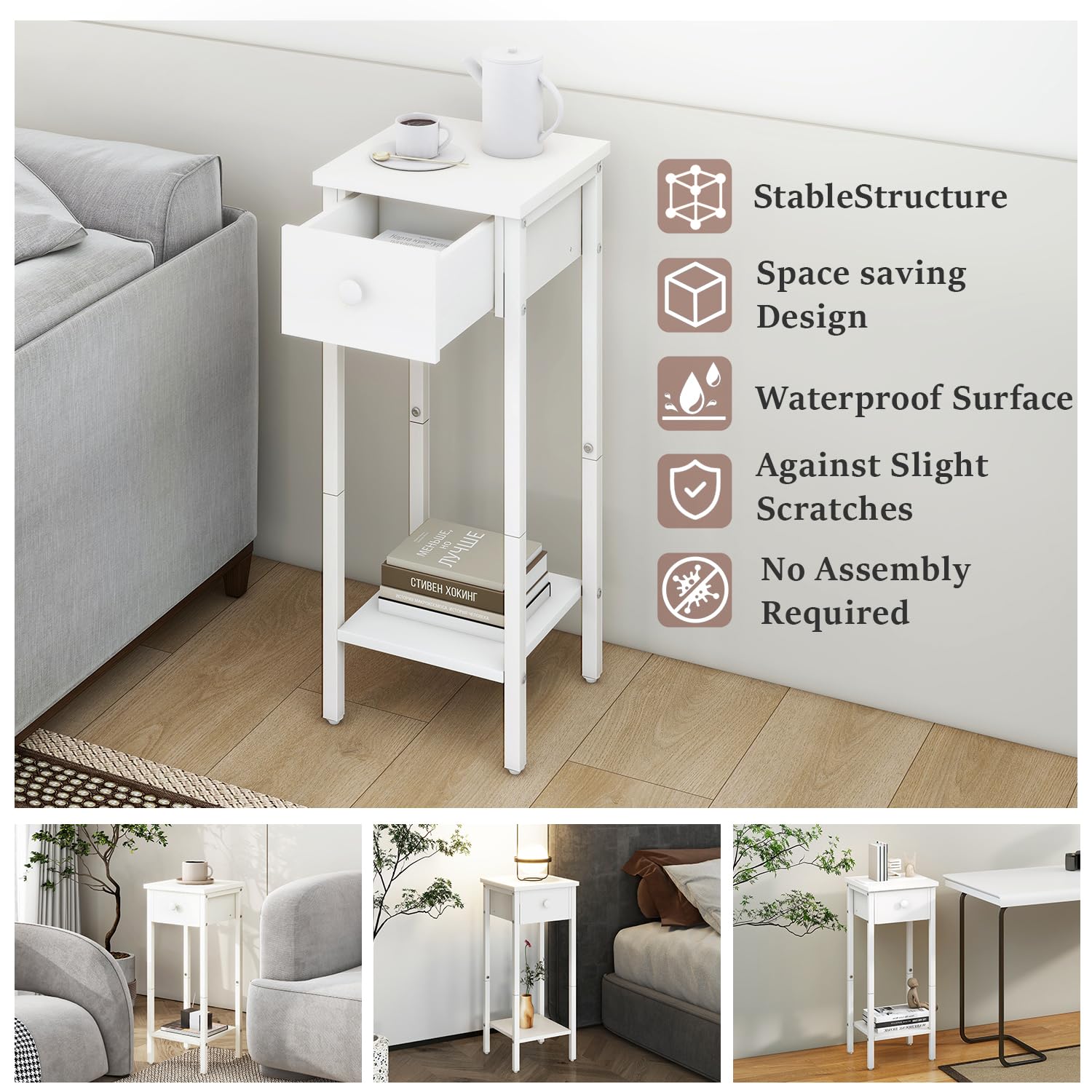 IBUYKE Juego de 2 mesitas de noche delgadas, mesita de noche estrecha con cajón, mesa de teléfono para espacios pequeños, 25 x 25 x 70 cm, mesa auxiliar lateral pequeña para dormitorio, sala de estar