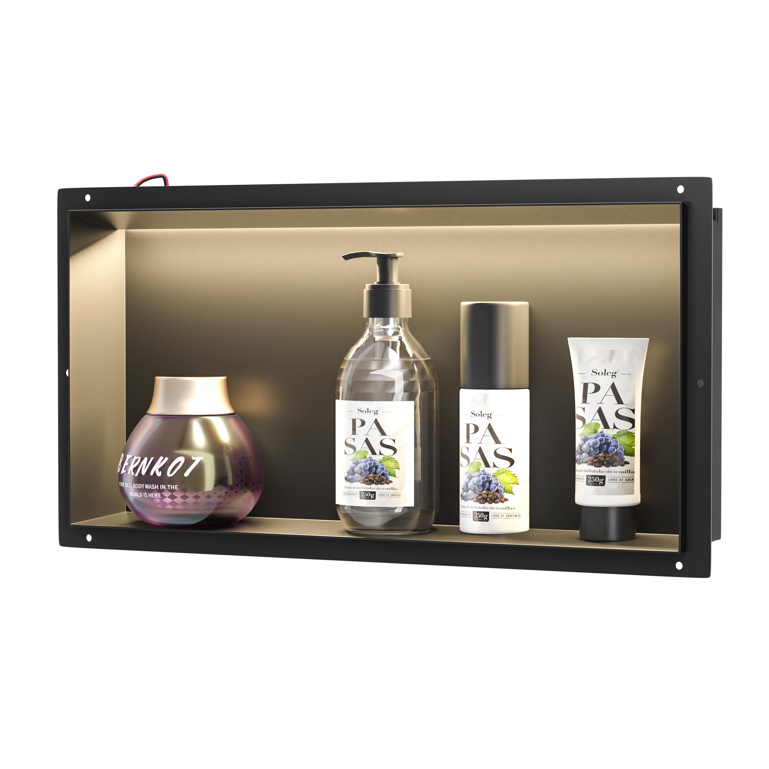 Wandnische Dusche Edelstahl, wasserdichte Nische mit LED-Licht, Eingebettete Duschnische 60x30x10cm, Einzelbett Duschnische, Eingebettete Lagerung im Duschraum, Schwarz