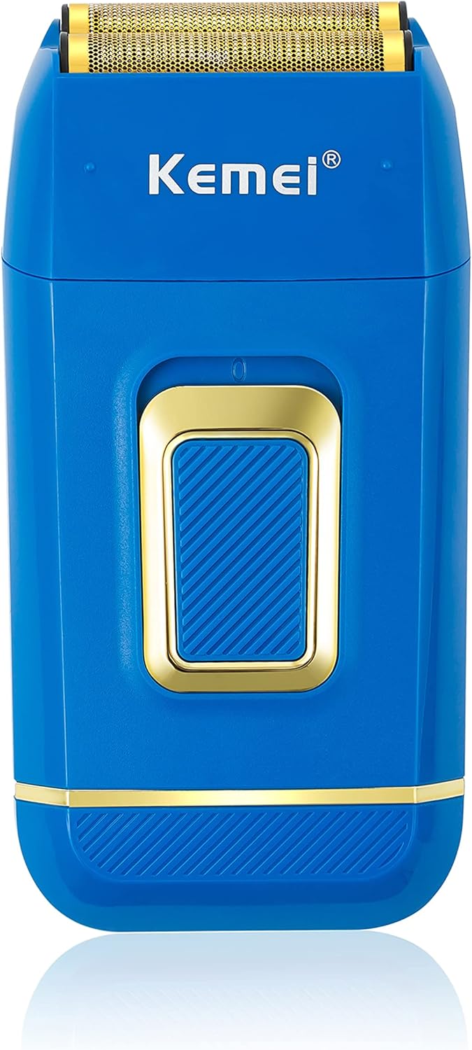 Ispred view of the KEMEI KM-1102 blue foil shaver.