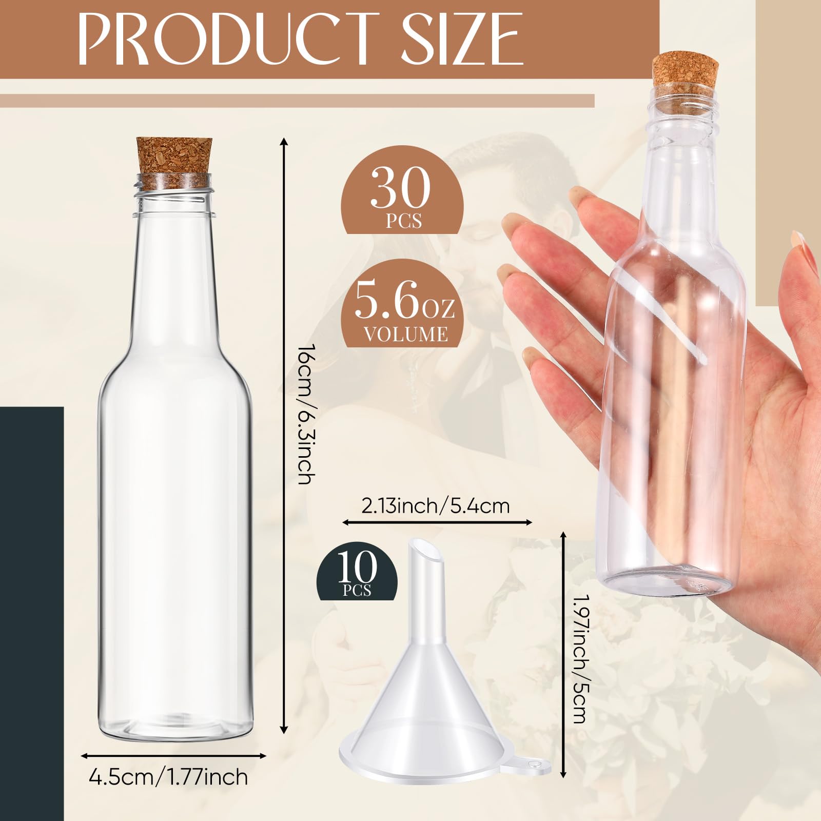 Tanlade 30 botellas de plástico para arte de arena con tapones de corcho de 5.6 onzas, botellas transparentes de poción con embudos de plástico para manualidades, bodas, fiestas de cumpleaños