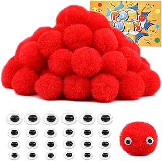 1 Inch Pom Poms, Red Pom Poms for Arts and Craft, Soft and Fluffy Pom Pom Balls with Self-Adhesive Eyes, Pompoms for DIY Art Creative Crafts