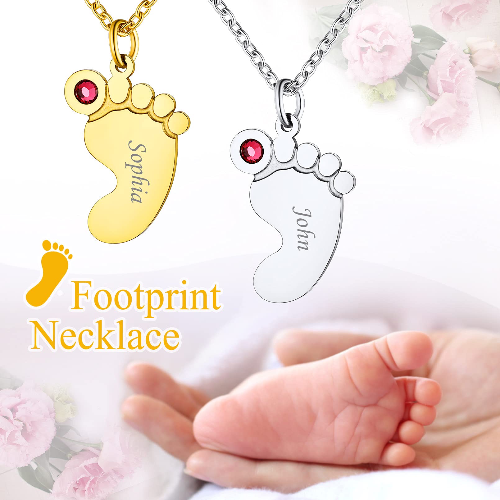 Custom4U Collar Personalizado Pies de Bebe con Nombres Grabados Colgante Huella Pies para Recién Mama con Circonitas Brillantes